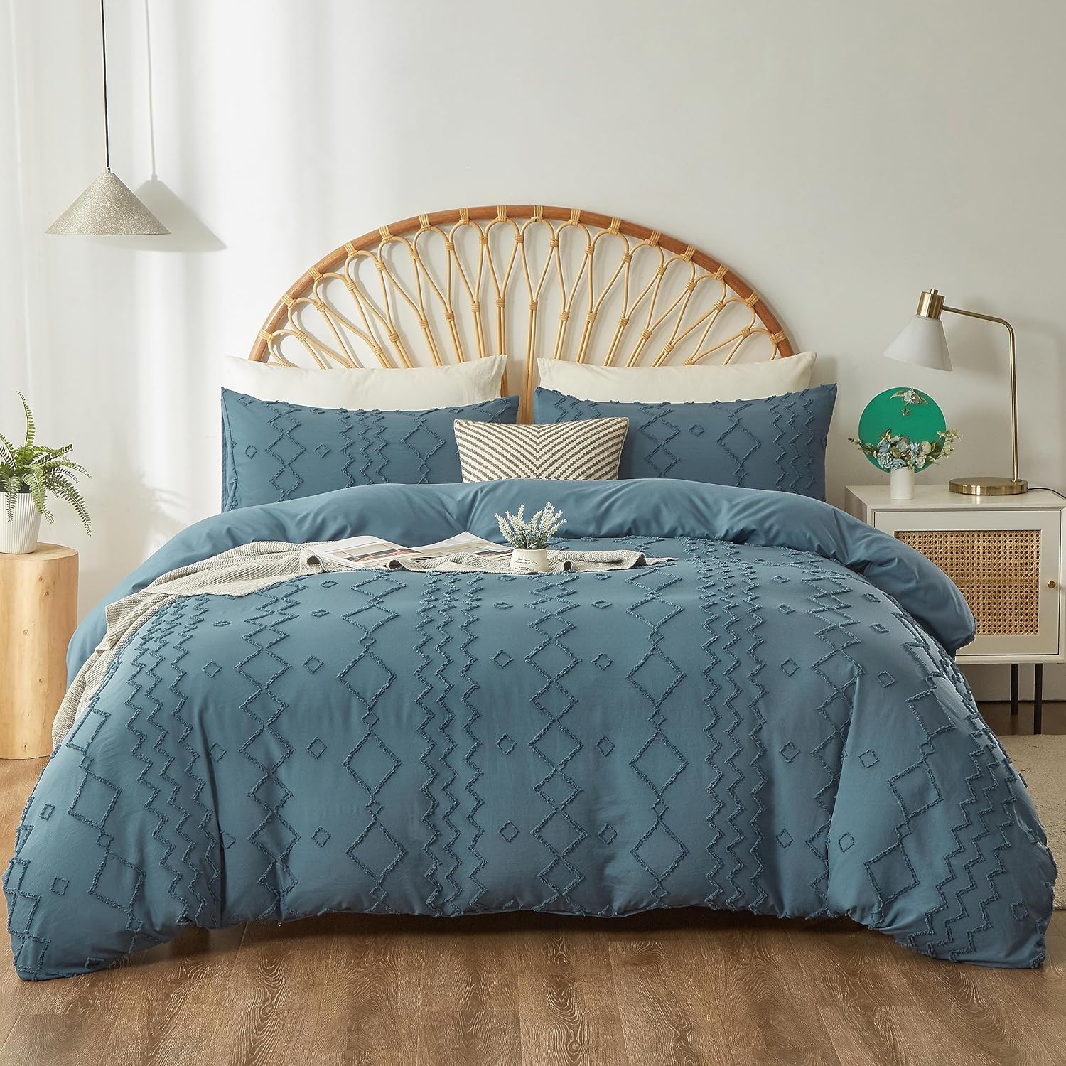 Funda de edredón tamaño King, funda de edredón azul copetuda con patrón geométrico de rombos jacquard, juego de ropa de cama de 3 piezas con textura