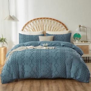 Funda de edredón tamaño King, funda de edredón azul copetuda con patrón geométrico de rombos jacquard, juego de ropa de cama de 3 piezas con textura Funda de edredón tamaño King, funda de edredón azul copetuda con patrón geométrico de rombos jacquard, juego de ropa de cama de 3 piezas con textura