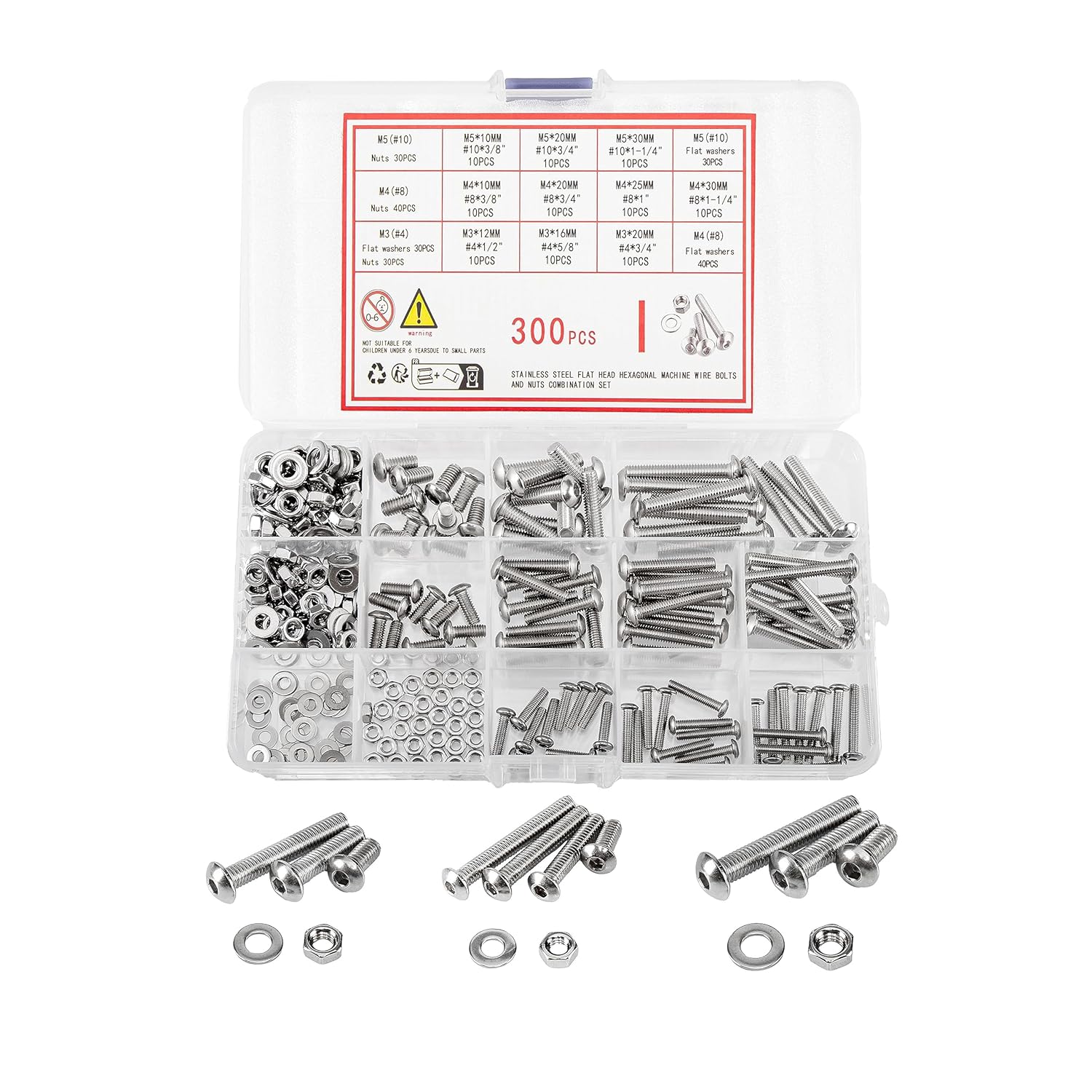 Juego surtido de 300 tornillos y tuercas y arandelas planas, tornillos de cabeza hexagonal de acero inoxidable M3M4M5, tornillos y arandelas de
