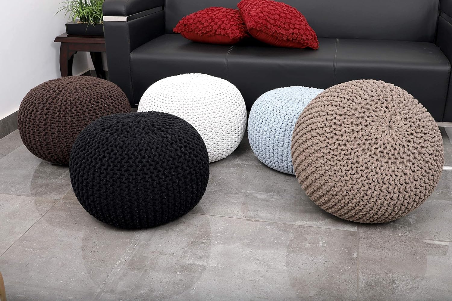 FRELISH DECOR – Puf redondo otomano tejido a mano, 100% algodón, puf de punto, silla de suelo para sala de estar, reposapiés de dormitorio para sofá