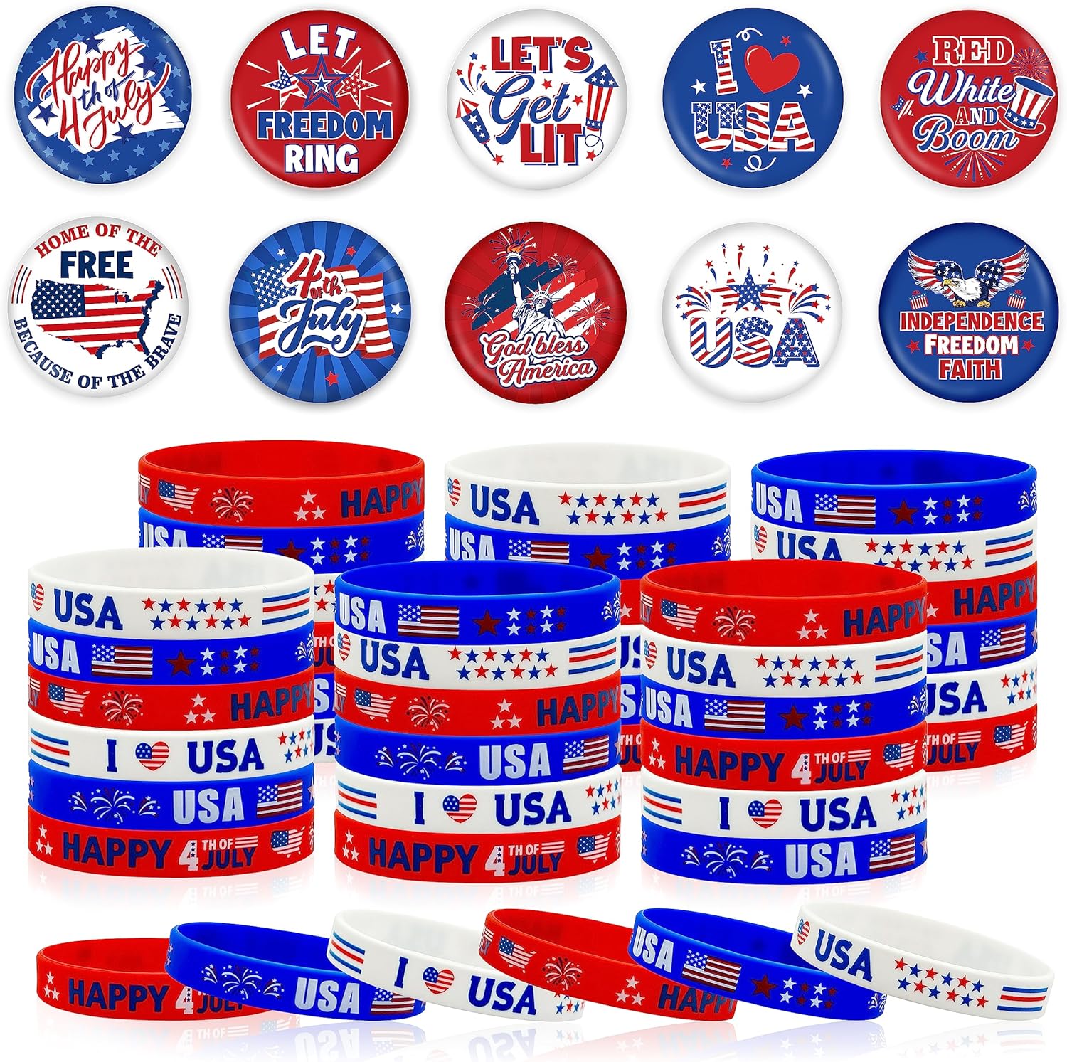 60 piezas de recuerdos de fiesta del 4 y 4 de julio, 30 pulseras de silicona rojas, blancas y azules, pulsera de goma con bandera de Estados Unidos
