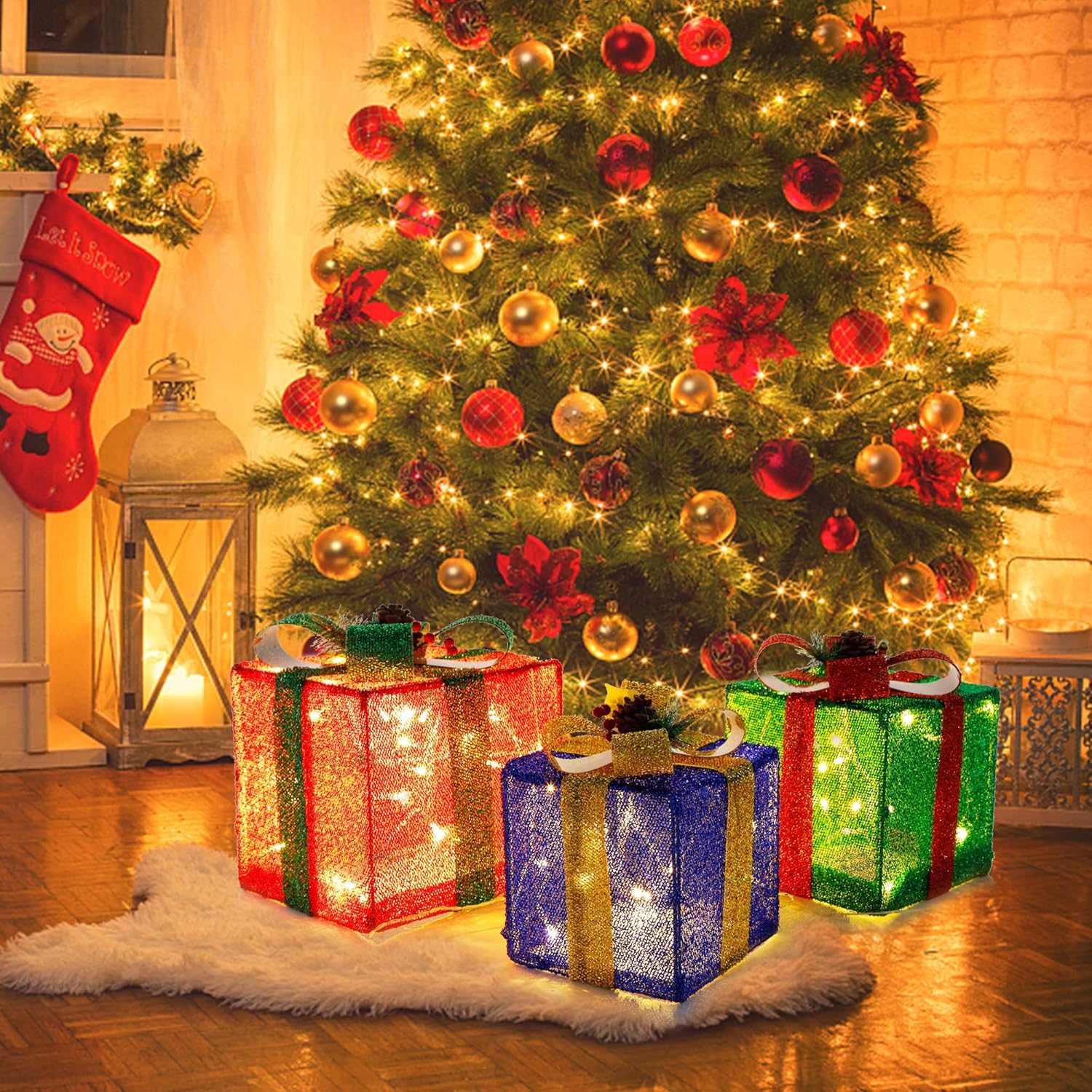 Twinkle Star Juego de 3 cajas de regalo de Navidad iluminadas, caja de regalo de oropel, 60 luces LED preiluminadas, adorno de falda de árbol,