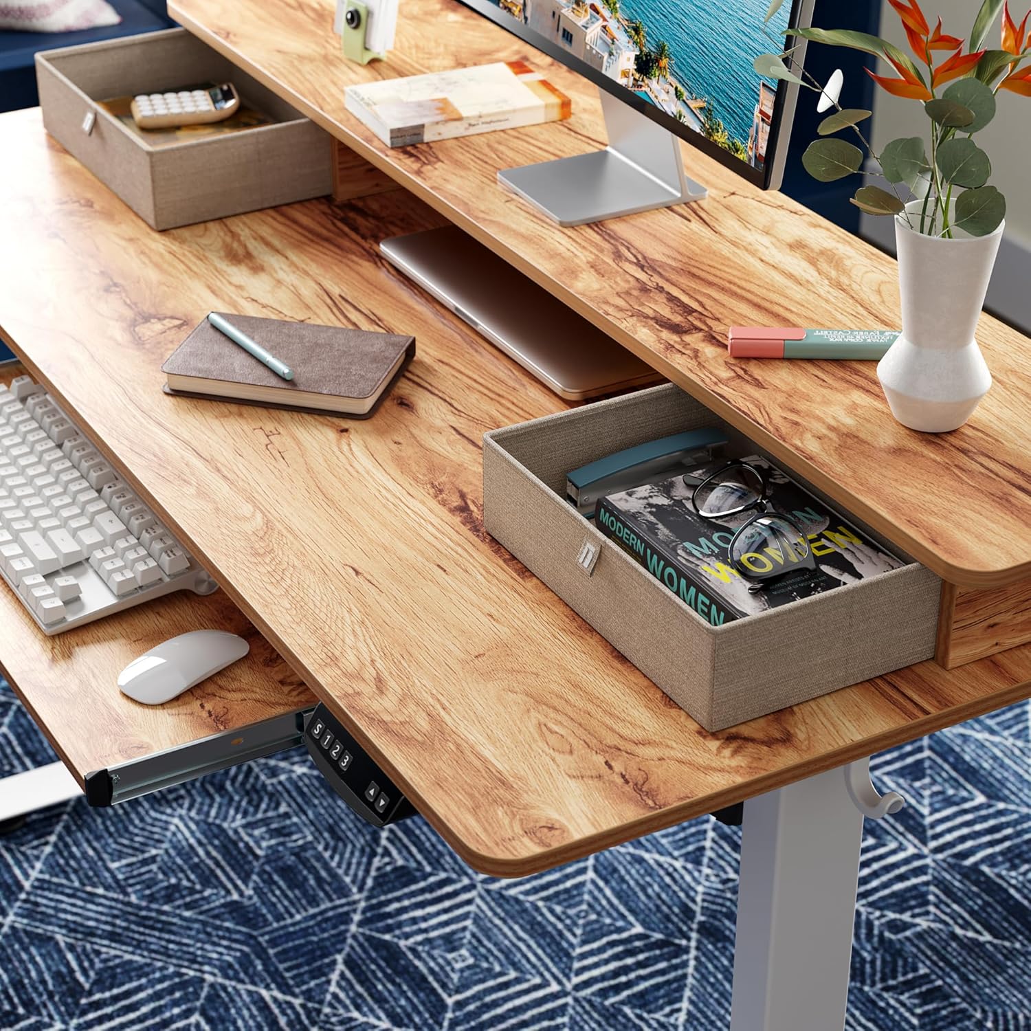 FEZIBO Escritorio eléctrico de pie ajustable en altura con bandeja para teclado, mesa de pie de 48 x 24 pulgadas con estante de almacenamiento,