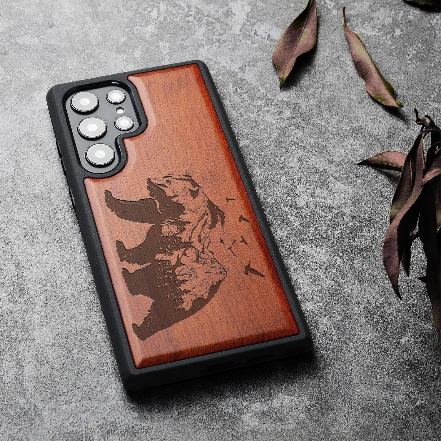 Carveit Funda de madera para Galaxy S22 Ultra 2022 madera natural y TPU suave negro a prueba de golpes, funda de madera única y elegante compatible