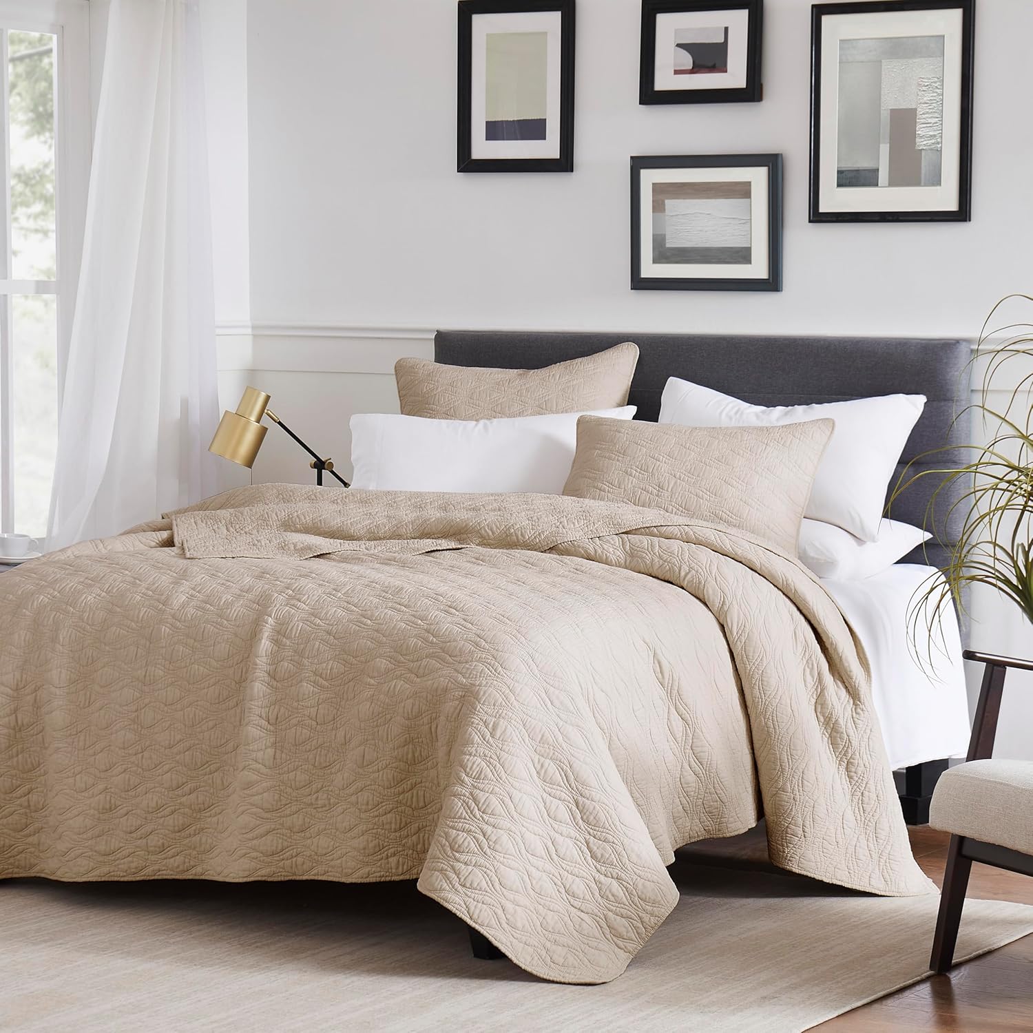 Juego de ropa de cama de 100 % algodón beige con fundas de almohada, colcha ligera y suave de gran tamaño, funda de cama acogedora para todas las
