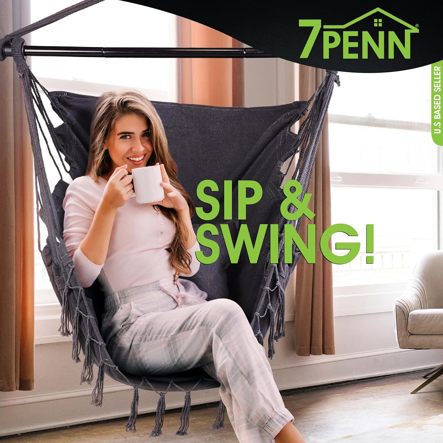 7Penn Silla hamaca colgante con cuerda  Capacidad de 440 libras, de algodón negro, para interiores y exteriores, estilo bohemio, macramé, silla