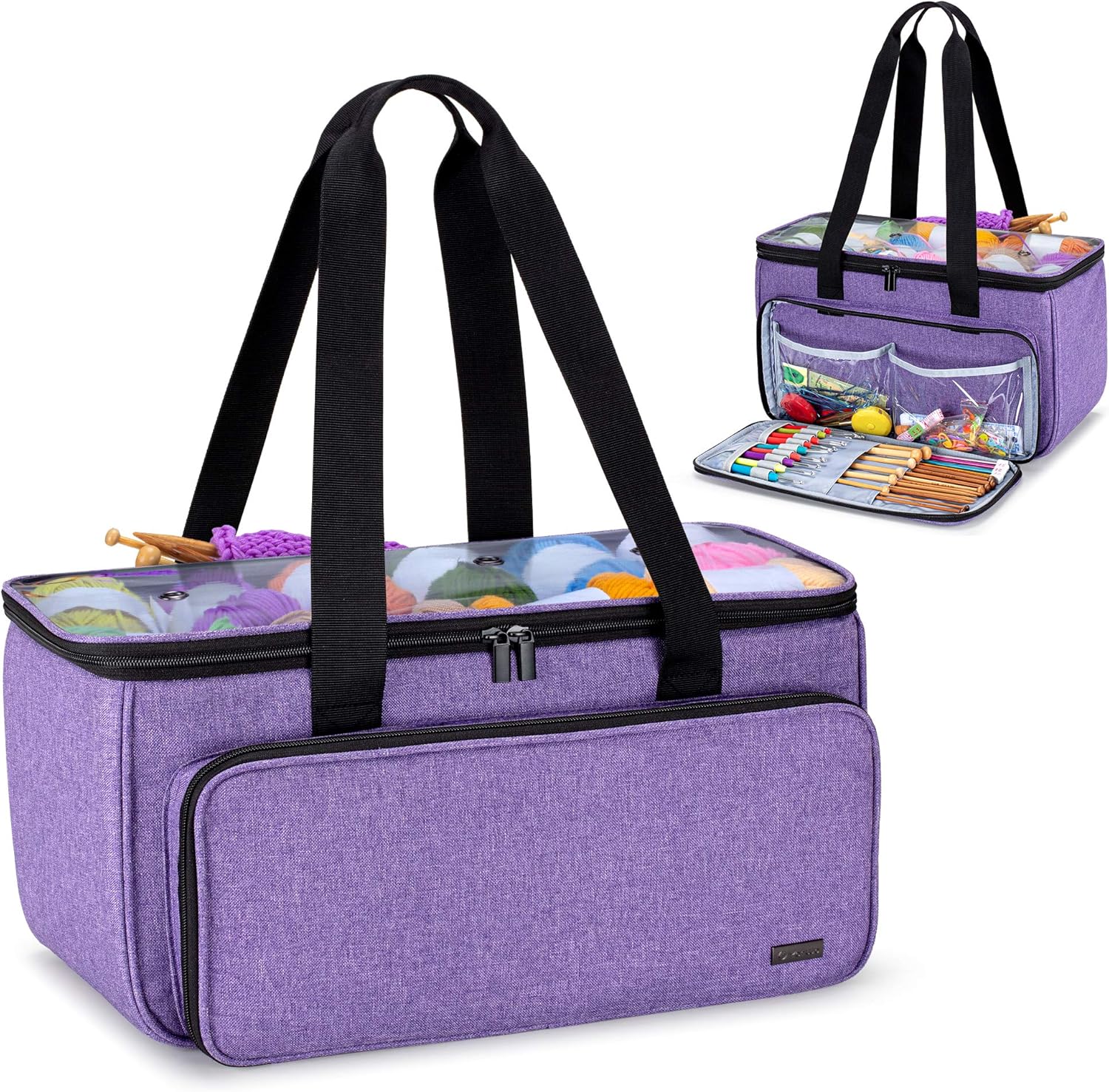 Yarwo Bolsa de hilo de tejer, bolsa de ganchillo con bolsillo para proyectos de limpieza, agujas de tejer (hasta 14 pulgadas) y madejas de hilo,