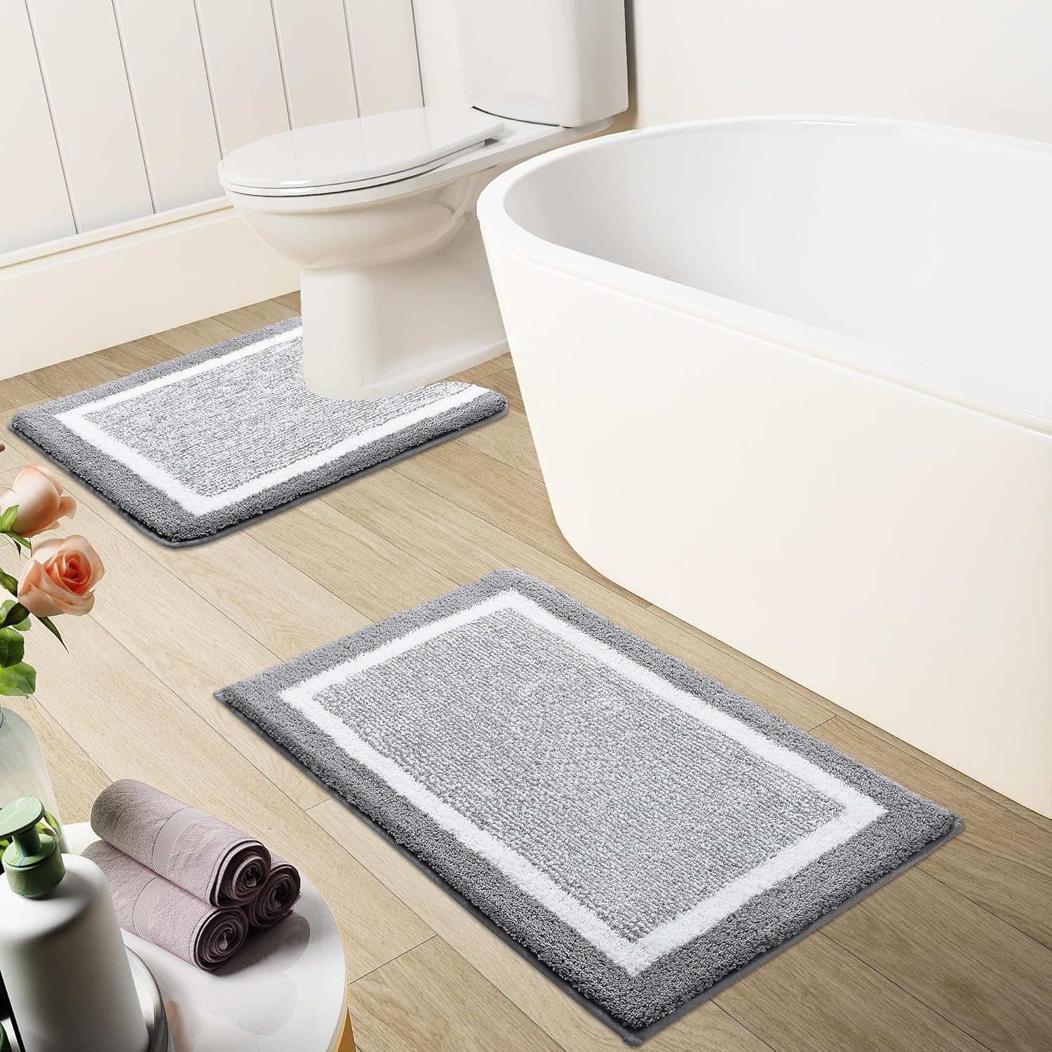 OLANLY Alfombras de baño y inodoros en forma de U, tamaño 47 x 24 pulgadas y alfombras de inodoro de 24 x 20 pulgadas, color gris, paquete de 2