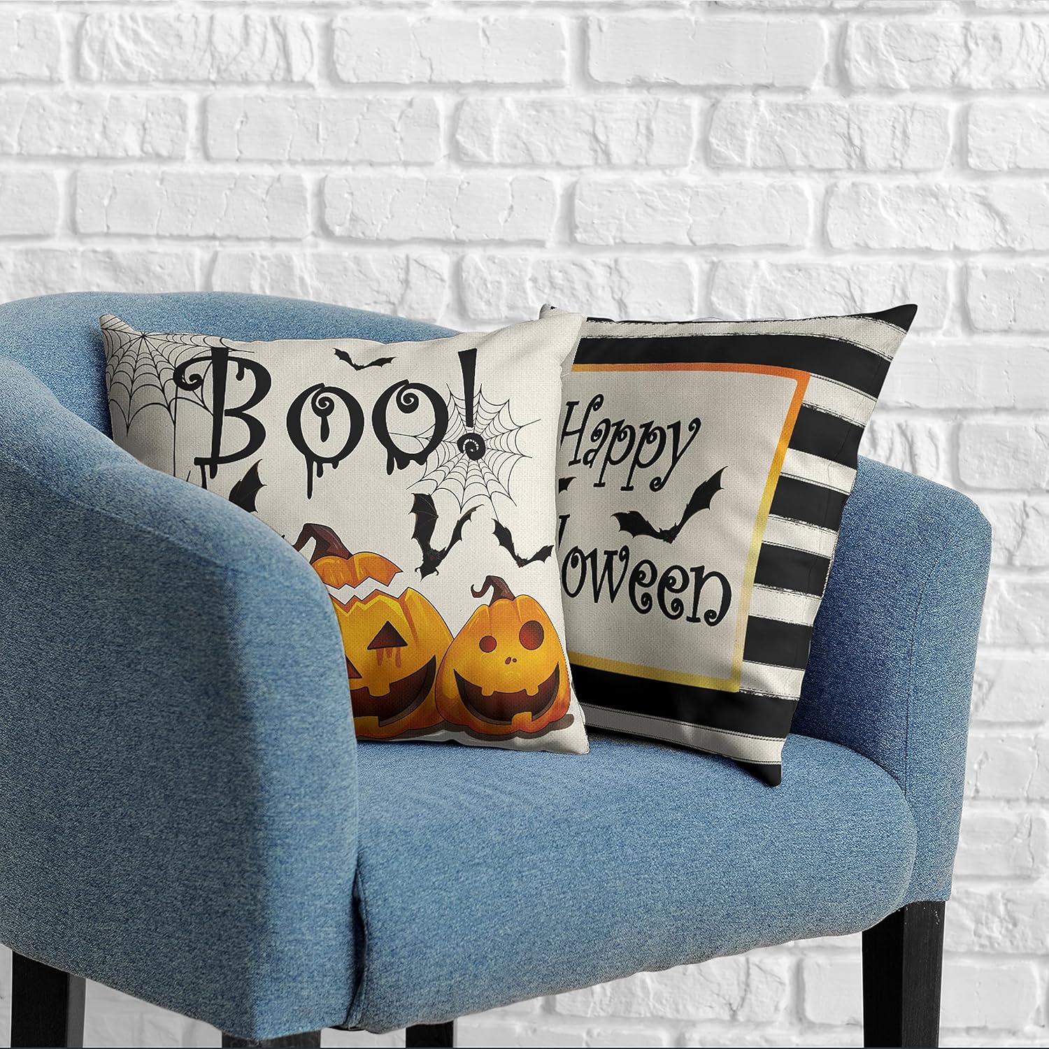 Kwlegh Juego de 2 fundas de almohada de tela de araña de calabaza de Halloween de 24 x 24 pulgadas, decoración moderna de Halloween, fundas de