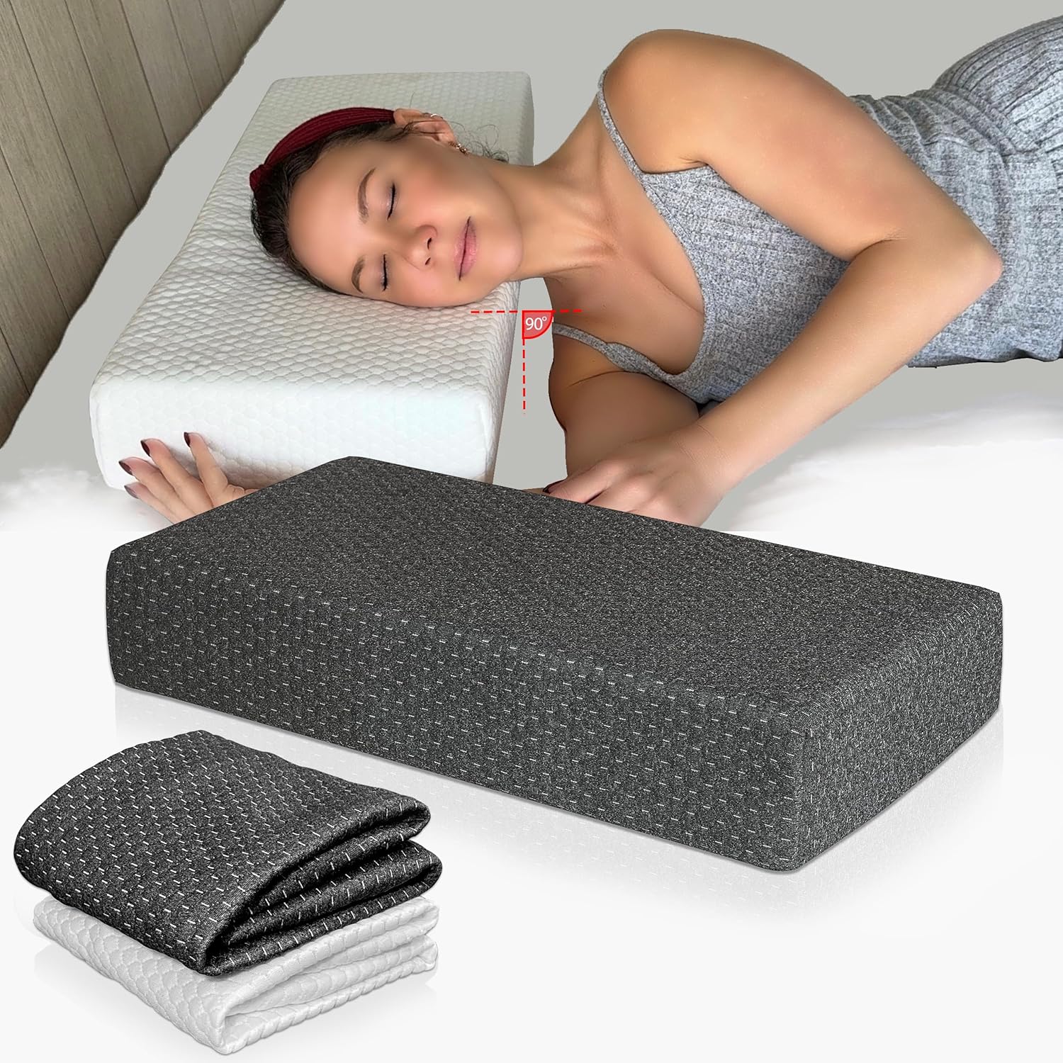 Almohada cúbica de espuma viscoelástica para personas que duermen de lado, color gris con funda extra blanca, 24 x 12 x 5 pulgadas, almohada firme