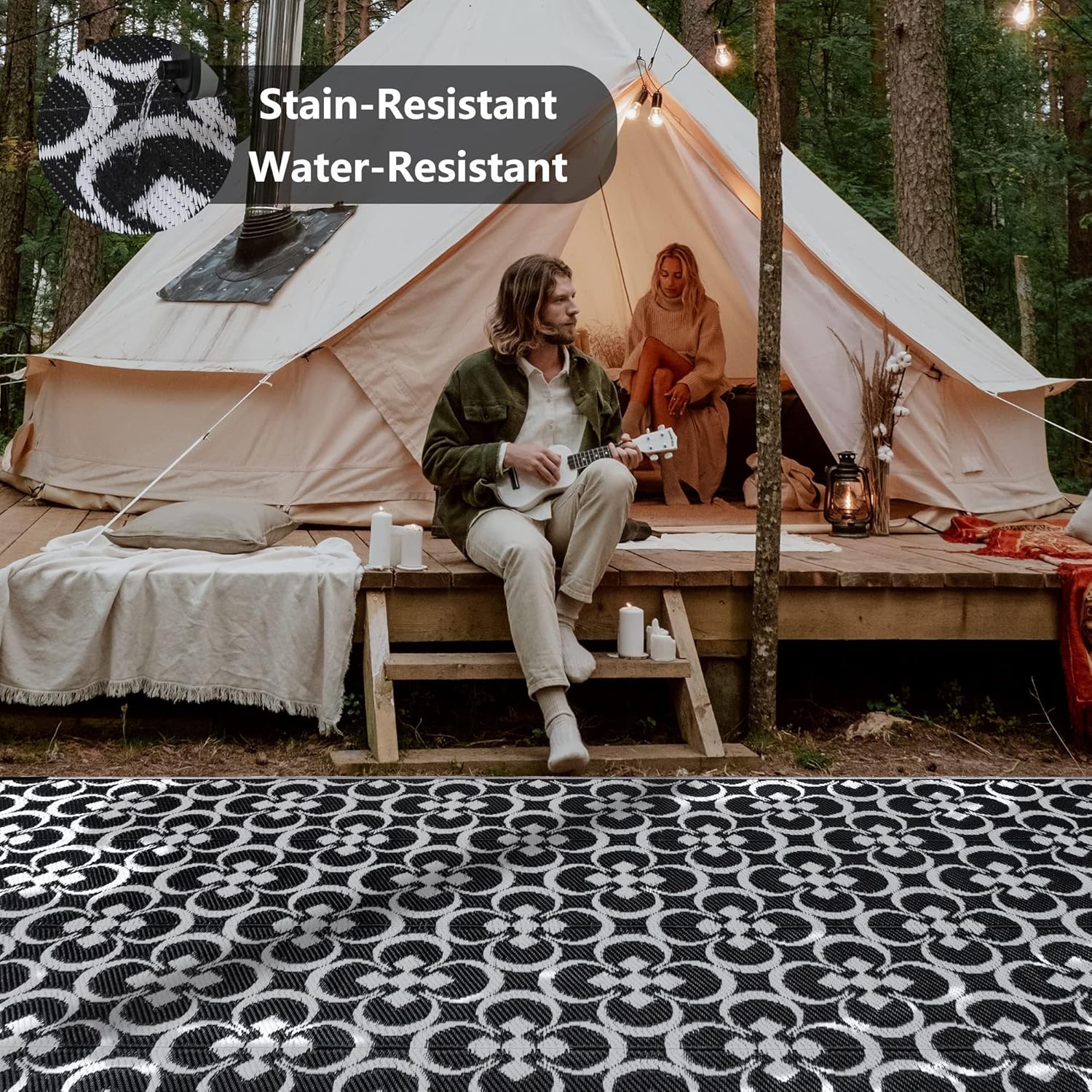 RV Outdoor Rug Waterproof Mat Outdoor Rugs 9’x12′ for Patios Clearance Carpet Outdoor Camping Rugs Large Plastic Straw Rug(9x12ft Clover Black&White)