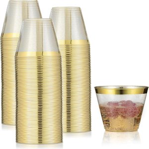 Paquete de 100 vasos de plástico de 9 onzas con purpurina dorada con borde dorado, tazas de fiesta de alta calidad, elegantes y resistentes, bodas, Paquete de 100 vasos de plástico de 9 onzas con purpurina dorada con borde dorado, tazas de fiesta de alta calidad, elegantes y resistentes, bodas,