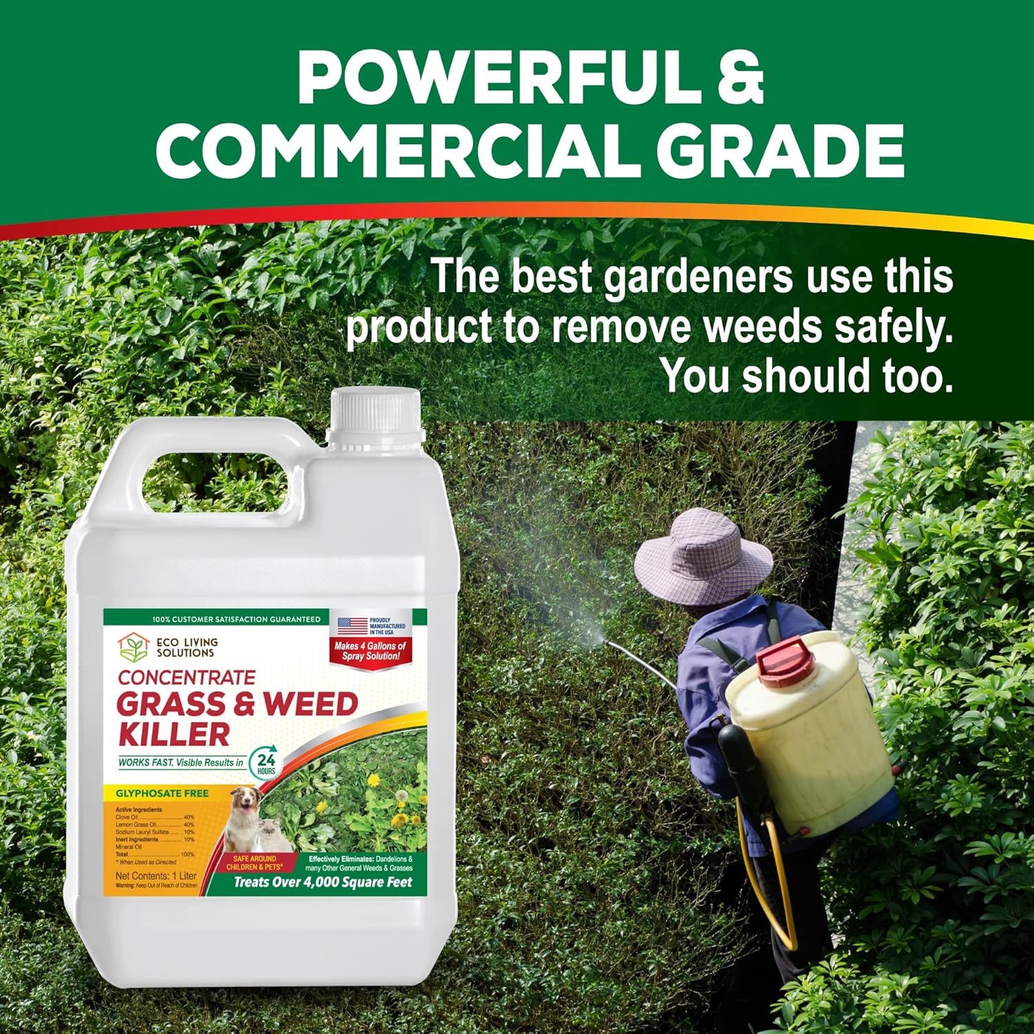Concentrado herbicida Eco Living Solutions – Spray herbicida seguro para mascotas  Mata malezas orgánico y herbicida  Mata musgos  Cangrejo y diente