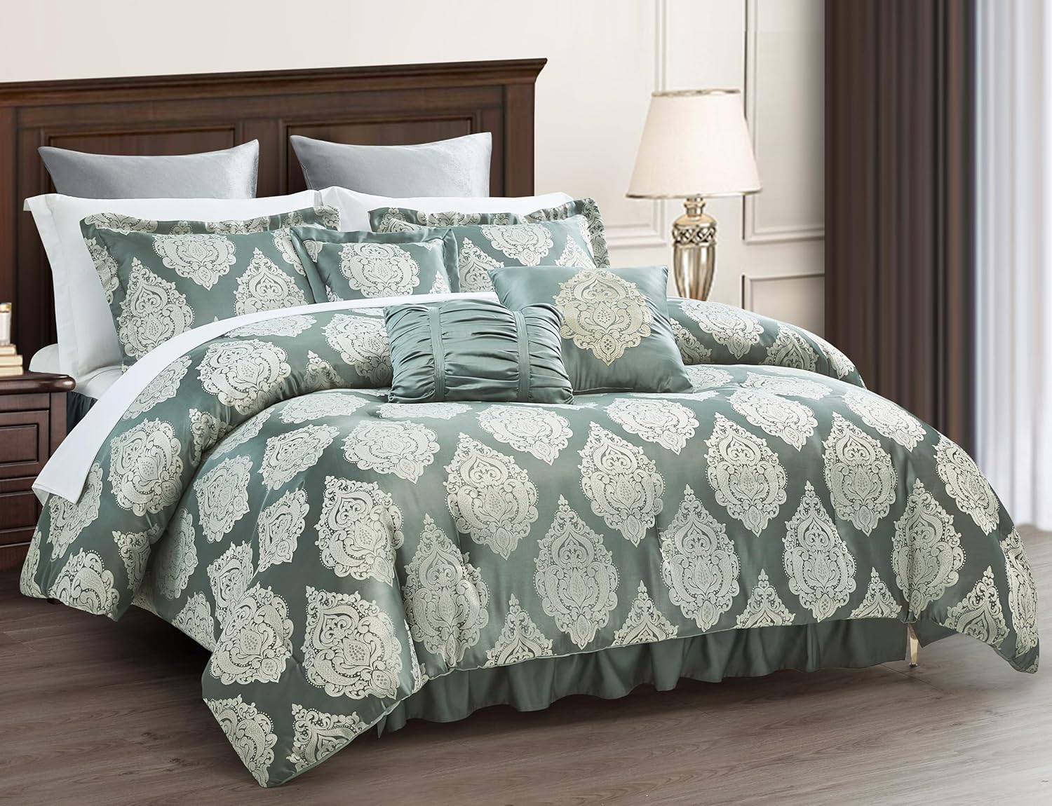 Trinity – Juego de edredón de lujo de 7 piezas, edredón tradicional de medallón jacquard gris y verde con cojines decorativos y fundas de almohada,