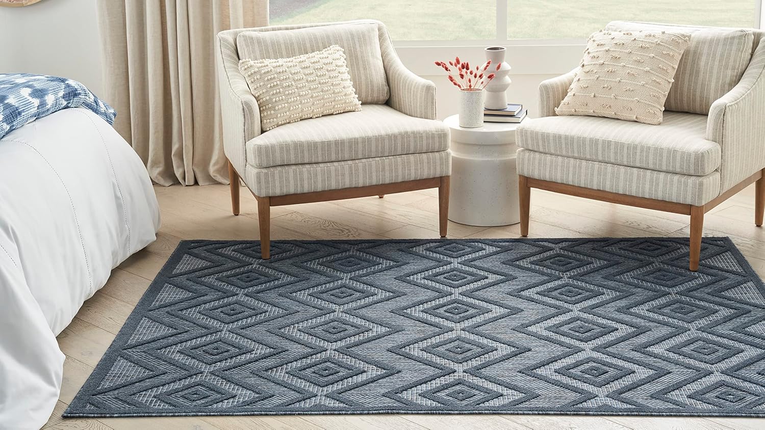 Nourison Alfombra versátil para interiores y exteriores, color azul marino, de 5 x 7 pies, fácil de limpiar, no se desprende, para dormitorio, sala