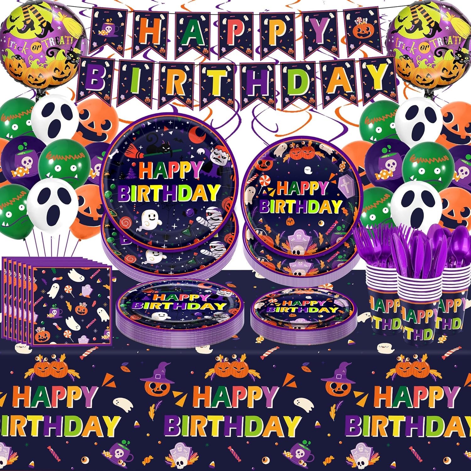 Juego de 202 piezas de vajilla desechable para fiesta de cumpleaños de Halloween, color morado, para 24 platos de calabaza, tazas, manteles de