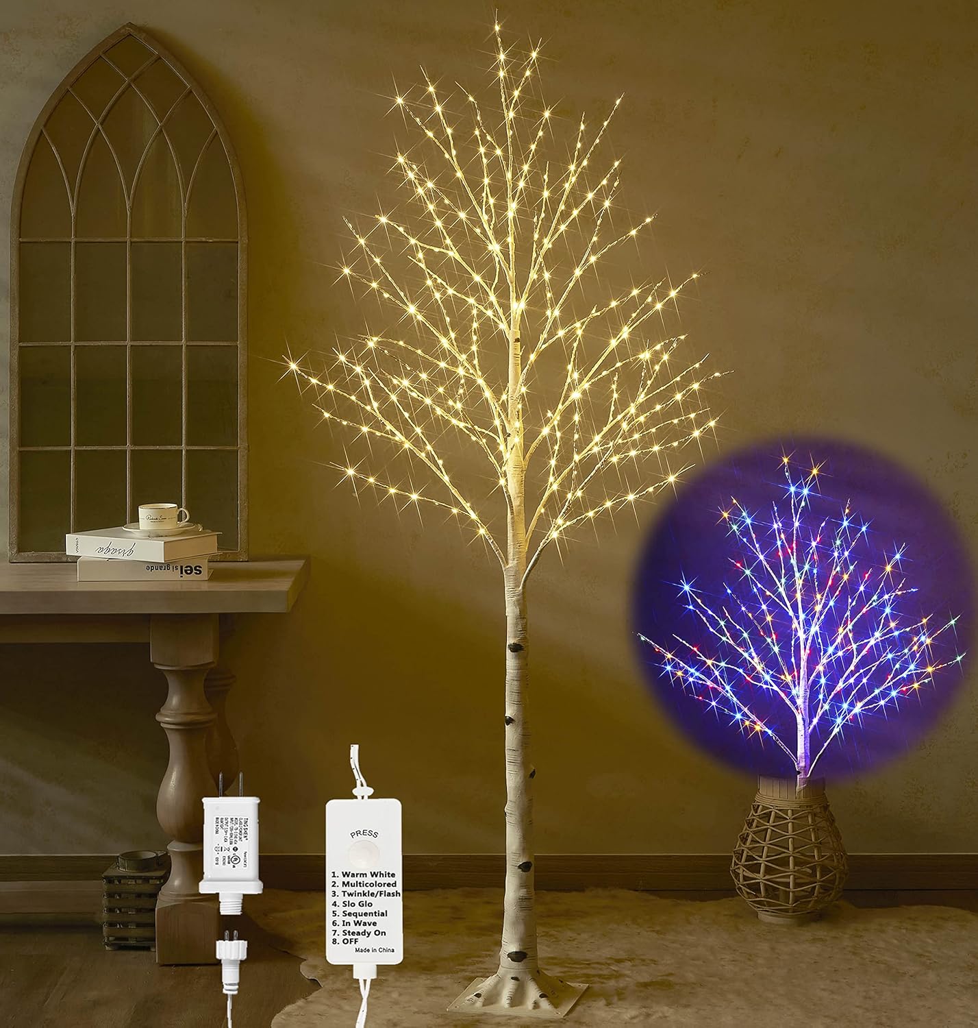 Hairui Árbol de abedul iluminado con luces de hadas de color blanco cálido y multicolor, 8 funciones, 6 pies, árbol sintético con luces para