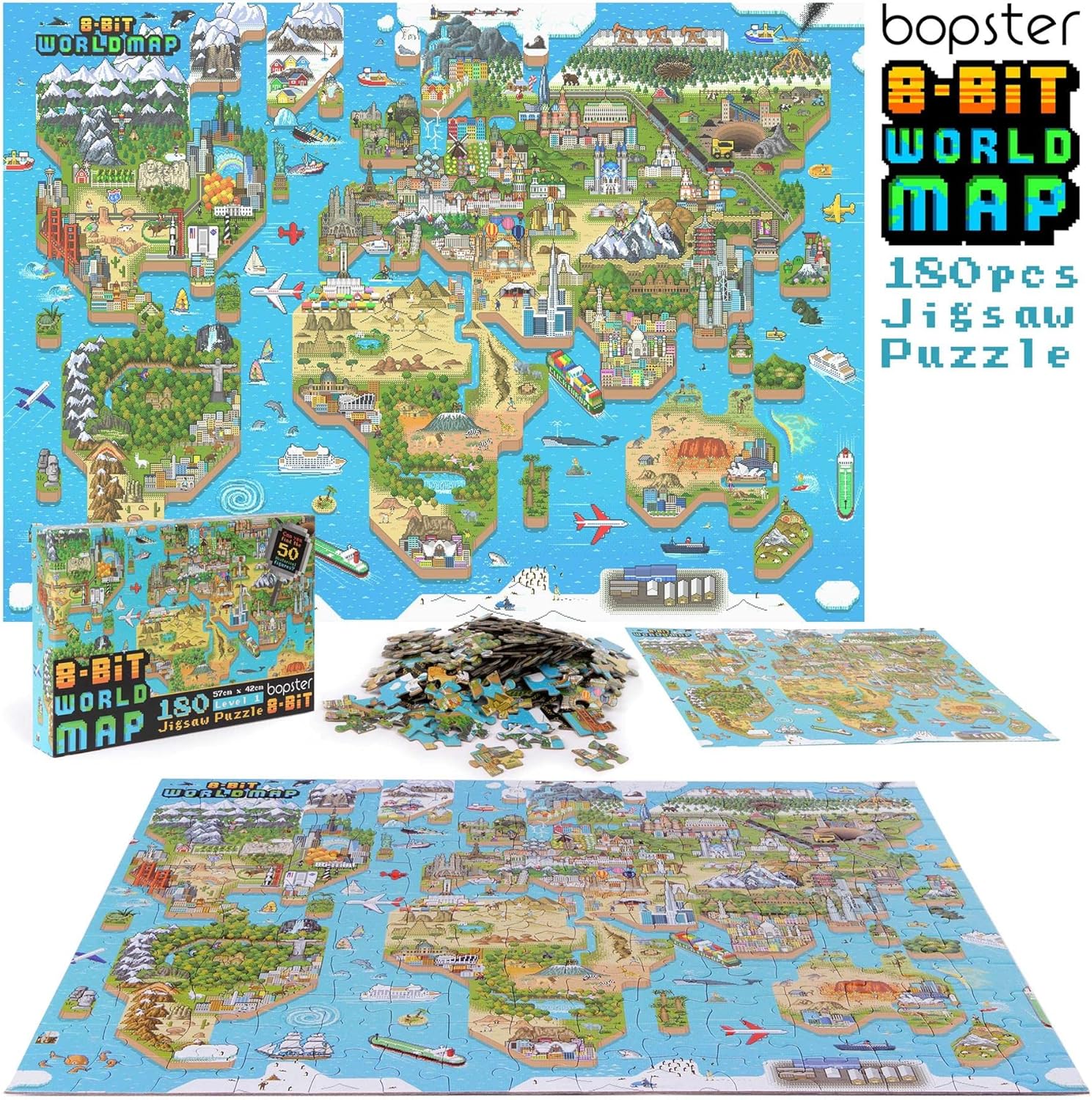 Rompecabezas para niños de 4 a 8 años, rompecabezas de mapa del mundo de 180 piezas, estilo retro de 8 bits, rompecabezas para niños con 50 personas