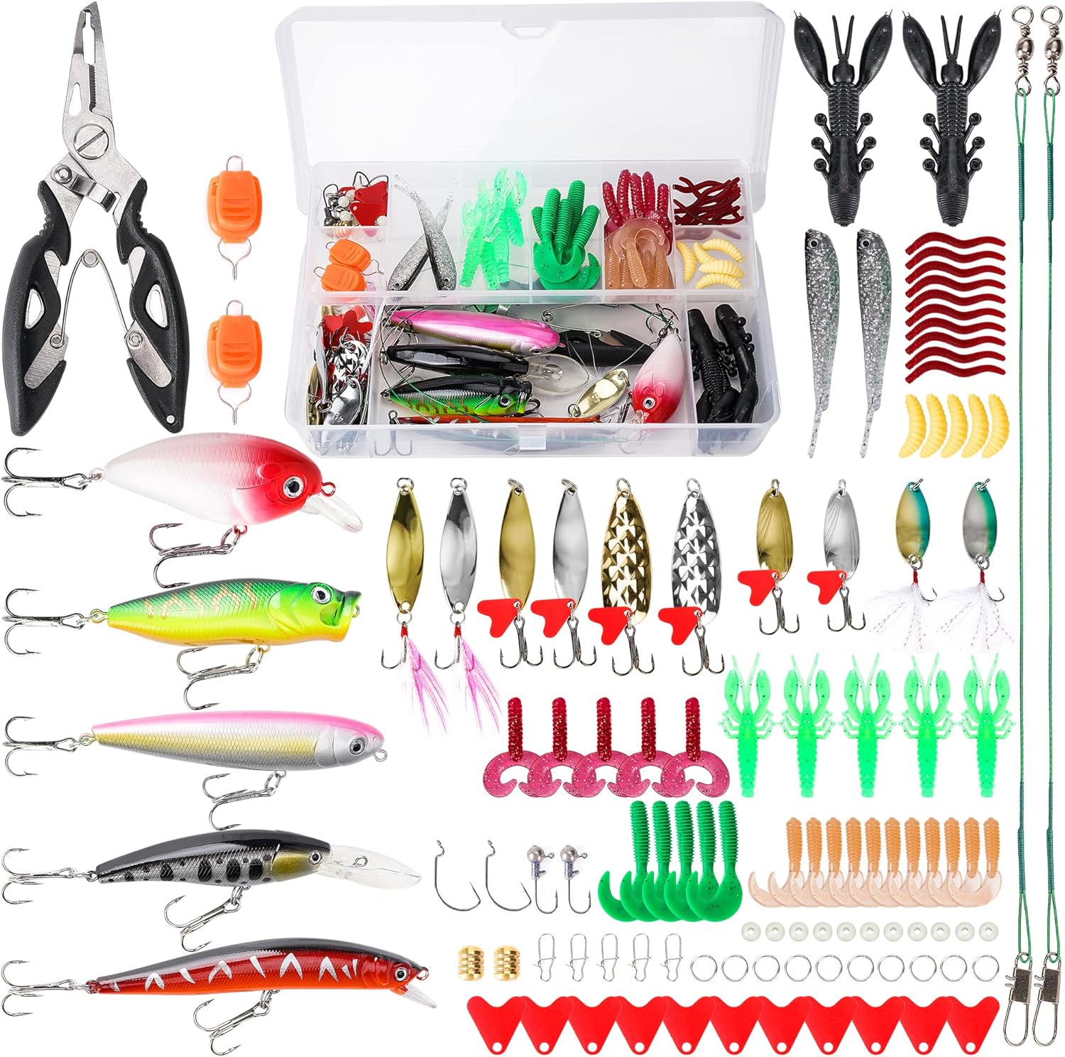 Winshall Fishing Lures Tackle Baits Kit for Freshwater Fishing Tackle Box with Tackle Included Metal Lures Soft Bait Plastic Worms Fishing Gear and