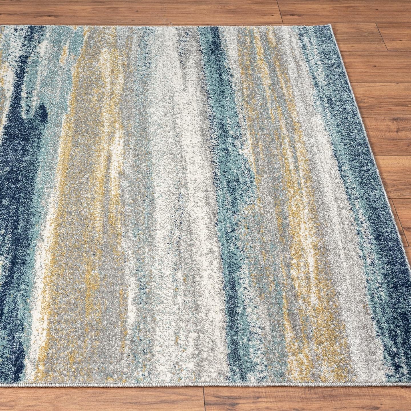 LUXE WEAVERS Alfombra moderna resistente a las manchas, color amarillo y azul, tamaño 9 x 12