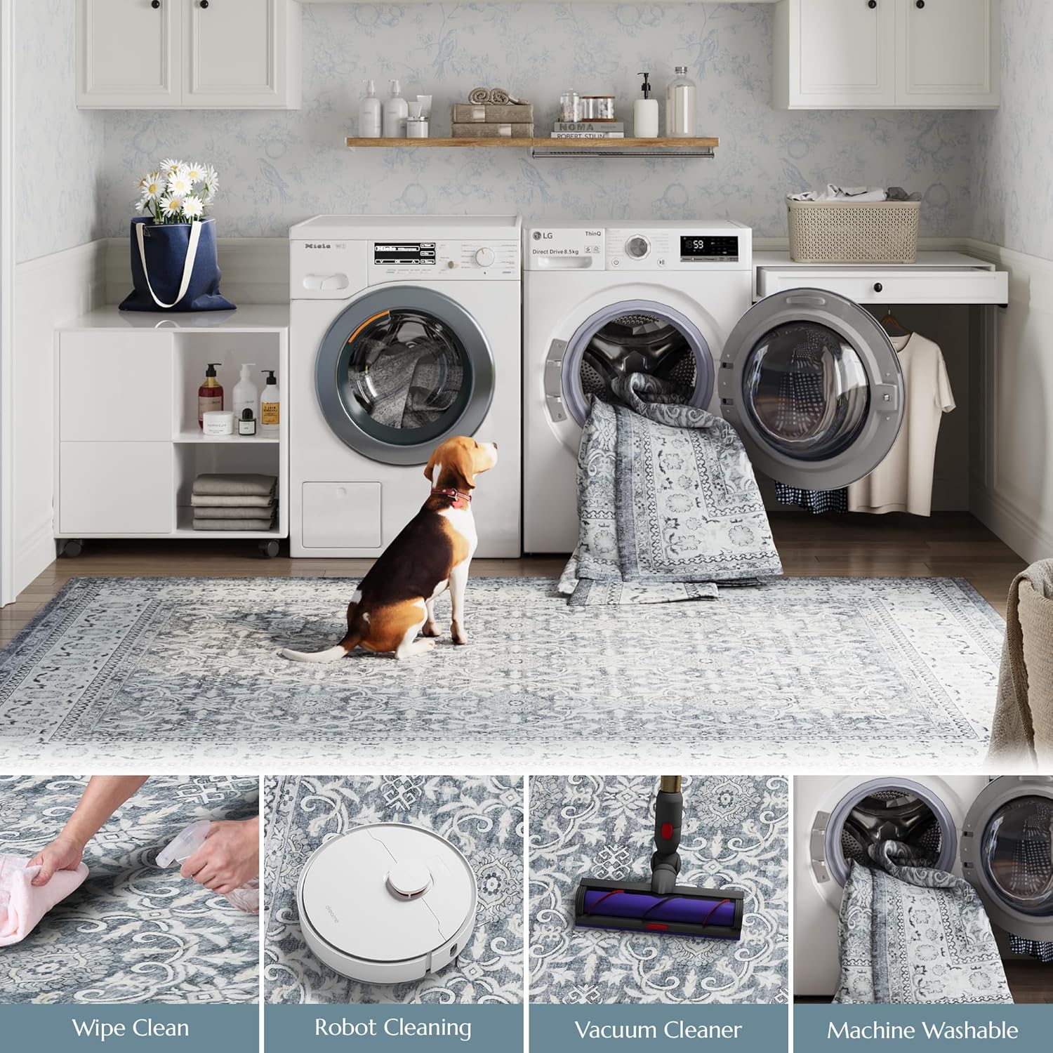 jinchan Tapete de pasillo, lavable a máquina, diseño floral de época, envejecido, suave, antideslizante, de pelo bajo ultrafino, para lavandería,