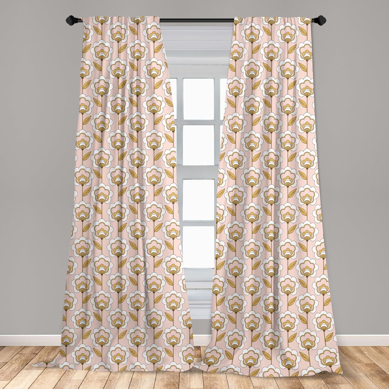 Lunarable Cortinas de mediados de siglo, rítmico retro típico de los años 50 y 60, ilustraciones de adornos de flores, tratamientos de ventana,