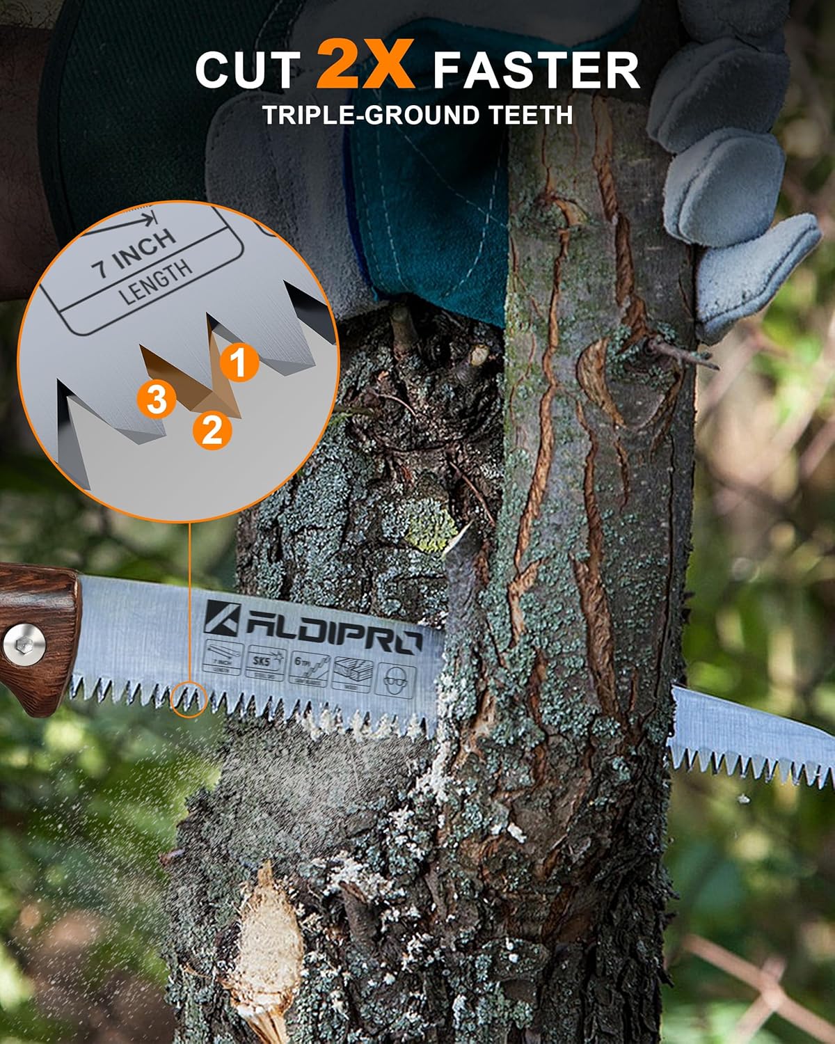 ALDIPRO – Sierra de podar plegable con funda de cuero, mango de madera de wengué, hoja de acero SK5 de 7 pulgadas, sierra pequeña de 7 pulgadas,