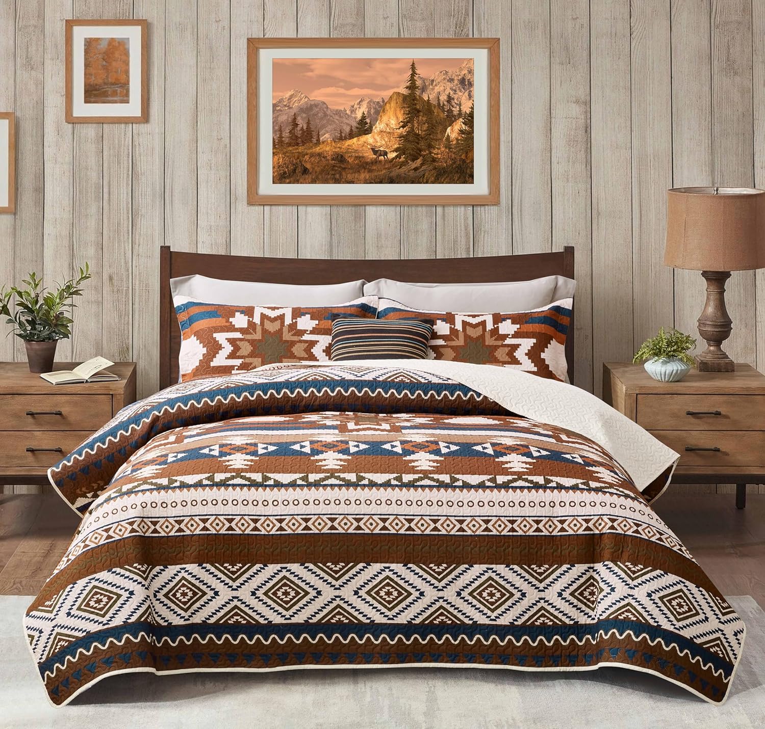 Southwestern – Juego de edredón tribal occidental, rústico, azteca, nativo americano, navajo, juego de ropa de cama de 3 piezas, color beige, gris