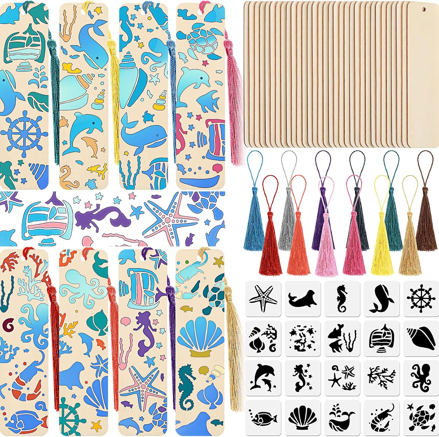 92 marcapáginas de madera sin terminar con borlas coloridas, plantillas de bricolaje, marcapáginas en blanco, marcapáginas de madera para niños,