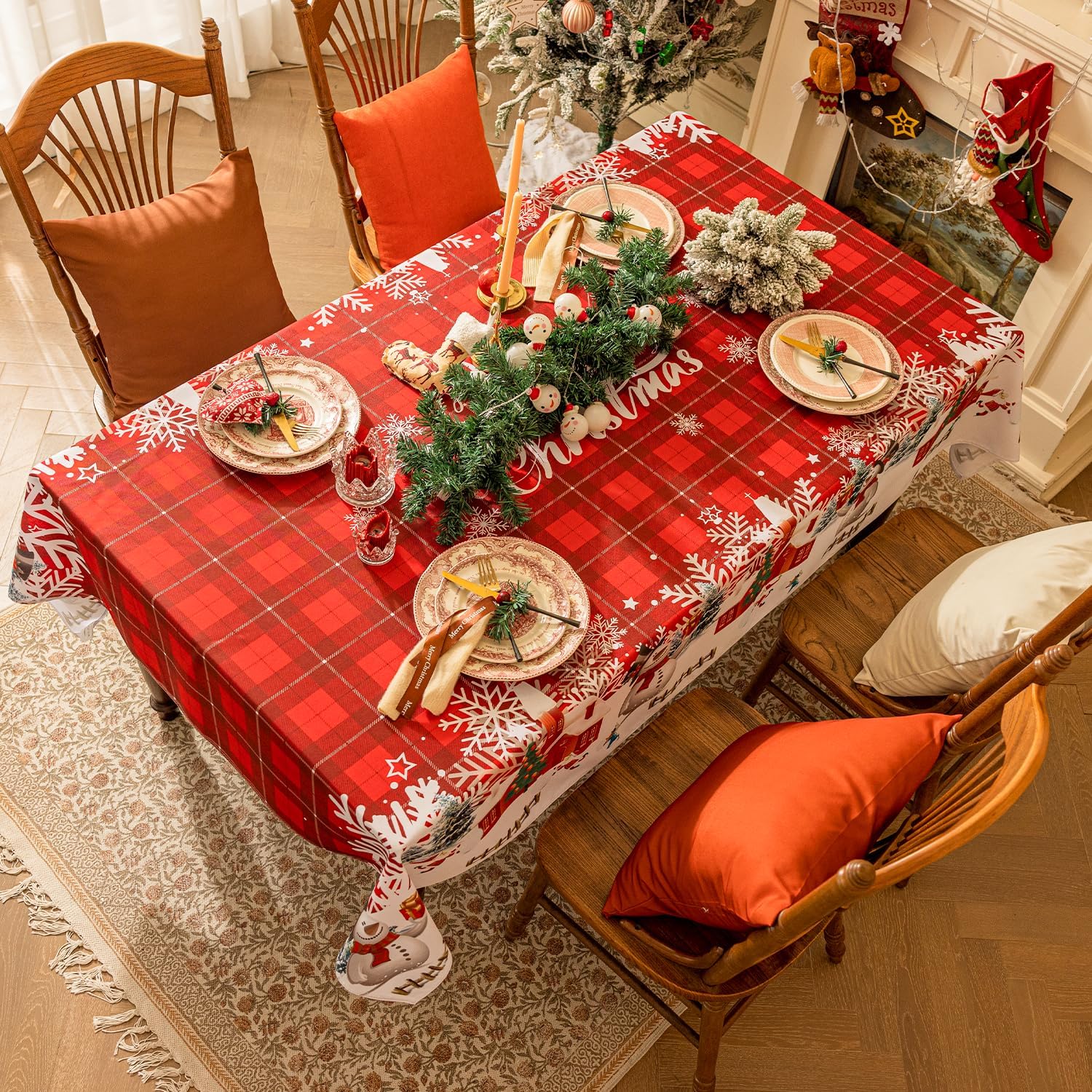 Softalker Mantel rectangular de Navidad  Mantel de poliéster lavable a cuadros rojos con diseño de copo de nieve y copo de nieve para comedor,