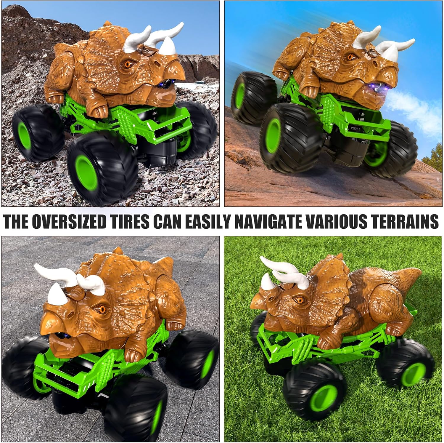 TEMI Juguete de coche Triceratops con control remoto 124, camión monstruo con rugido, luz y niebla para niños de 3 a 7 años, camión de dinosaurio