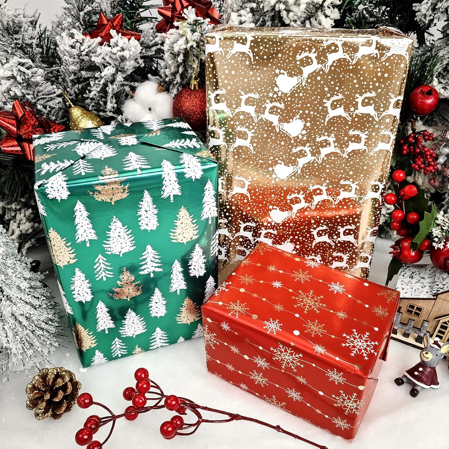 LDGOOAEL Mini rollo de papel de regalo de Navidad pequeño con líneas de corte en el reverso (17 x 120 pulgadas por rollo), papel de regalo rojo