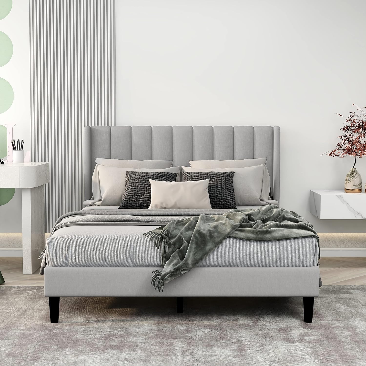 Base de cama tapizada tamaño matrimonial con cabecera con respaldo de ala, no necesita somier, soporte de listones de madera, fácil montaje, gris