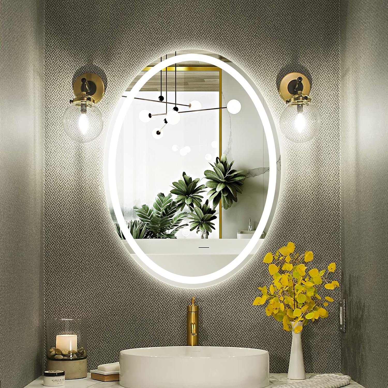 TokeShimi Espejo de baño LED ovalado de 24 x 32 pulgadas, espejo iluminado antivaho, espejo retroiluminado para baño, espejo regulable para montaje