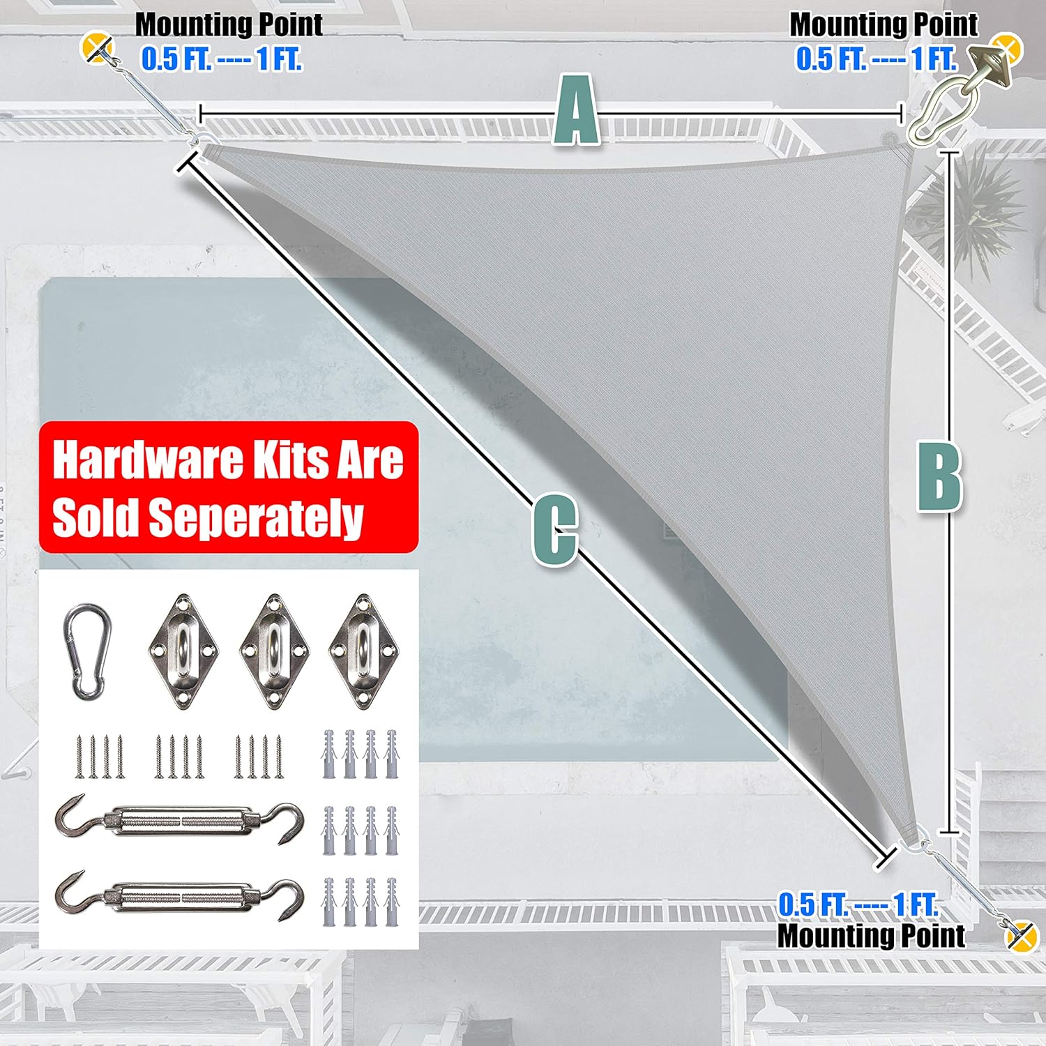 Amgo Toldo triangular recto gris de 10 x 10 x 14 pies, toldo para exteriores, UPF50+ AGTAPRT10, 95% de bloqueo UV, permeable al agua y al aire,