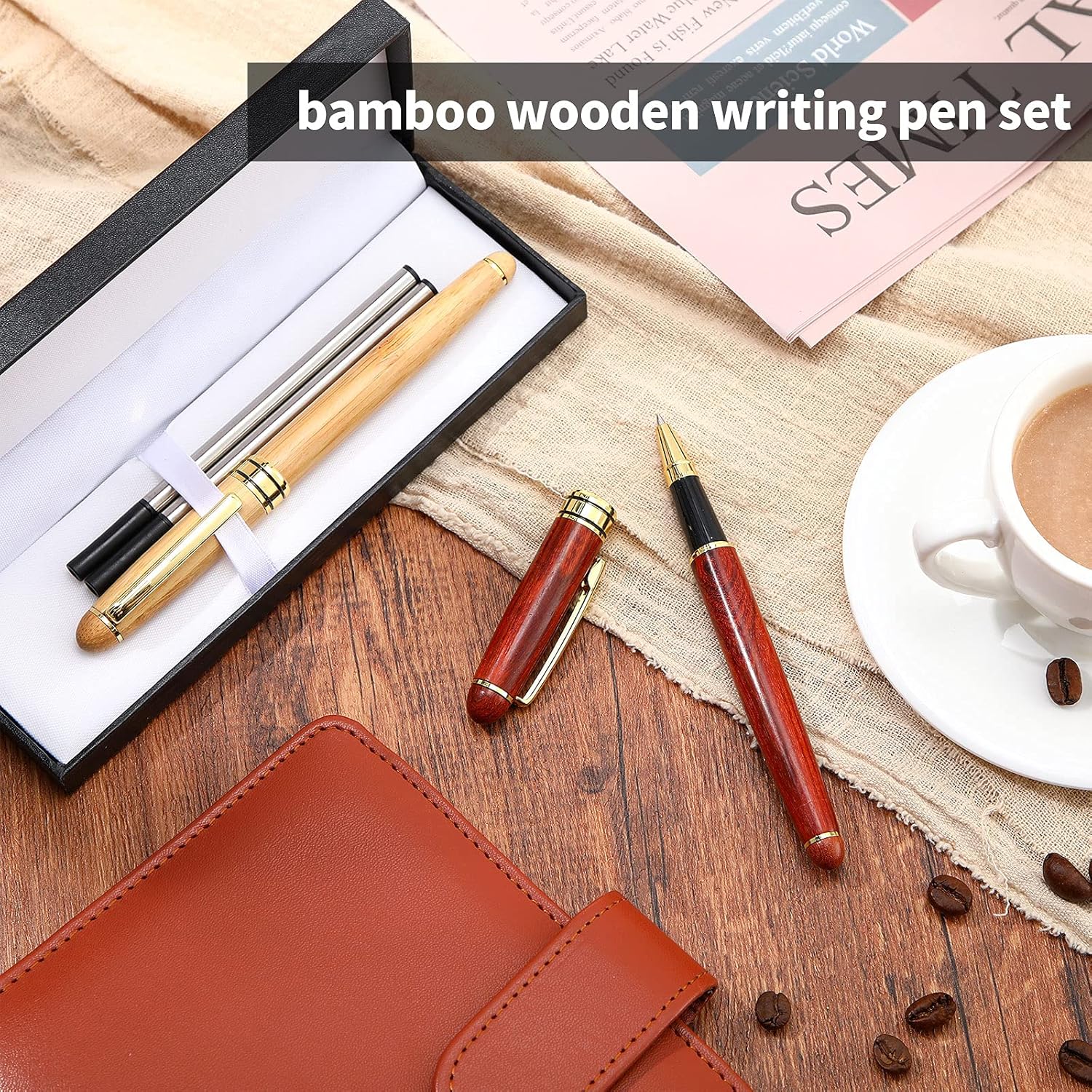 Zonon 2 bolígrafos de madera de bambú hechos a mano con 4 recambios de bolígrafo negro y 1 caja de regalo para Navidad, Día del Padre, San Valentín,