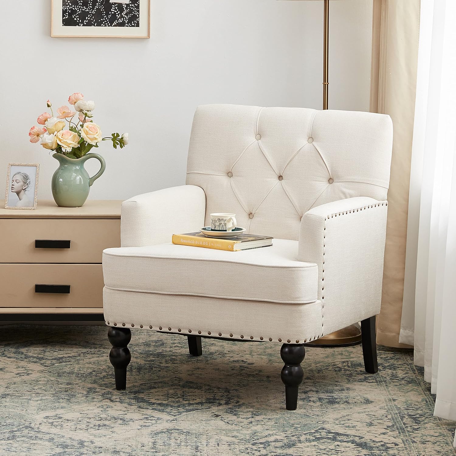 HUIMO Silla de club copetuda, silla decorativa con almohada lumbar, sillón tapizado con botones, sillas de tela de lino para dormitorio, sala de