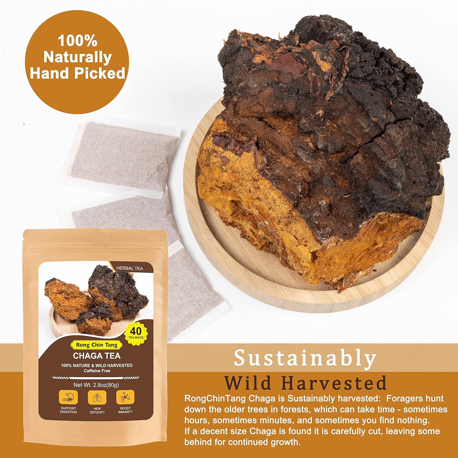 RongChinTang – Té orgánico de hongos Chaga 0.07 oz X 40 bolsitas de té (2.8 oz) Té de hongos Chaga premium – Antioxidante sin cafeína 100% natural