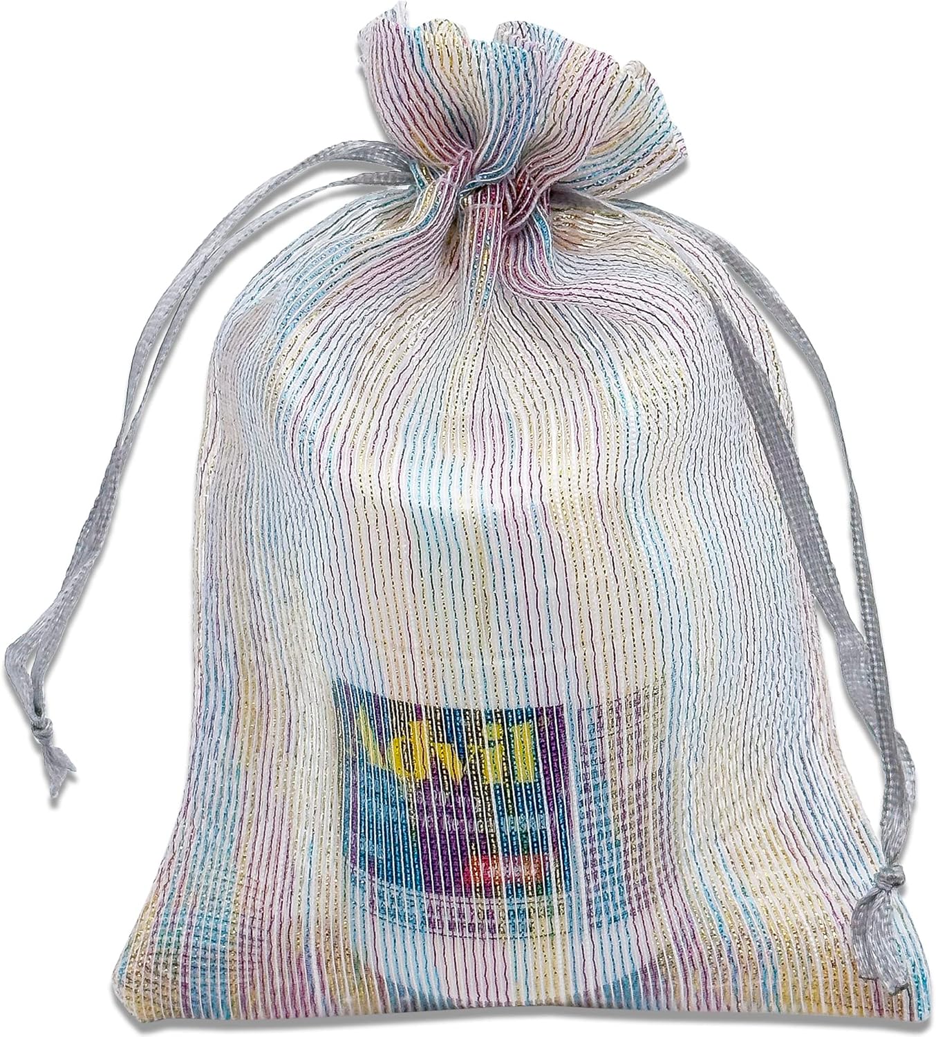 TheDisplayGuys – Paquete de 24 bolsas de regalo de organza de tejido a rayas con cordones, tamaño mediano de 5 x 6 pulgadas, iridiscente, para