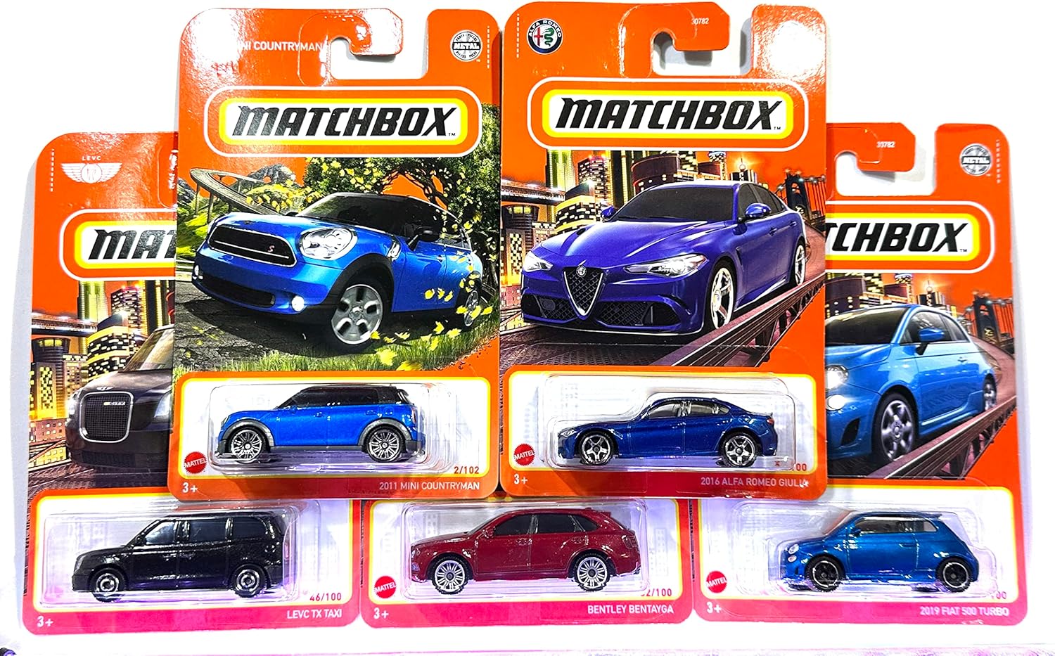 Matchbox – Paquete de 5 unidades – Europeo – Bentley – Fiat – Alfa Romeo – Mini – Levc – Menta  NrMint – Se envía burbujas envueltas en una caja con