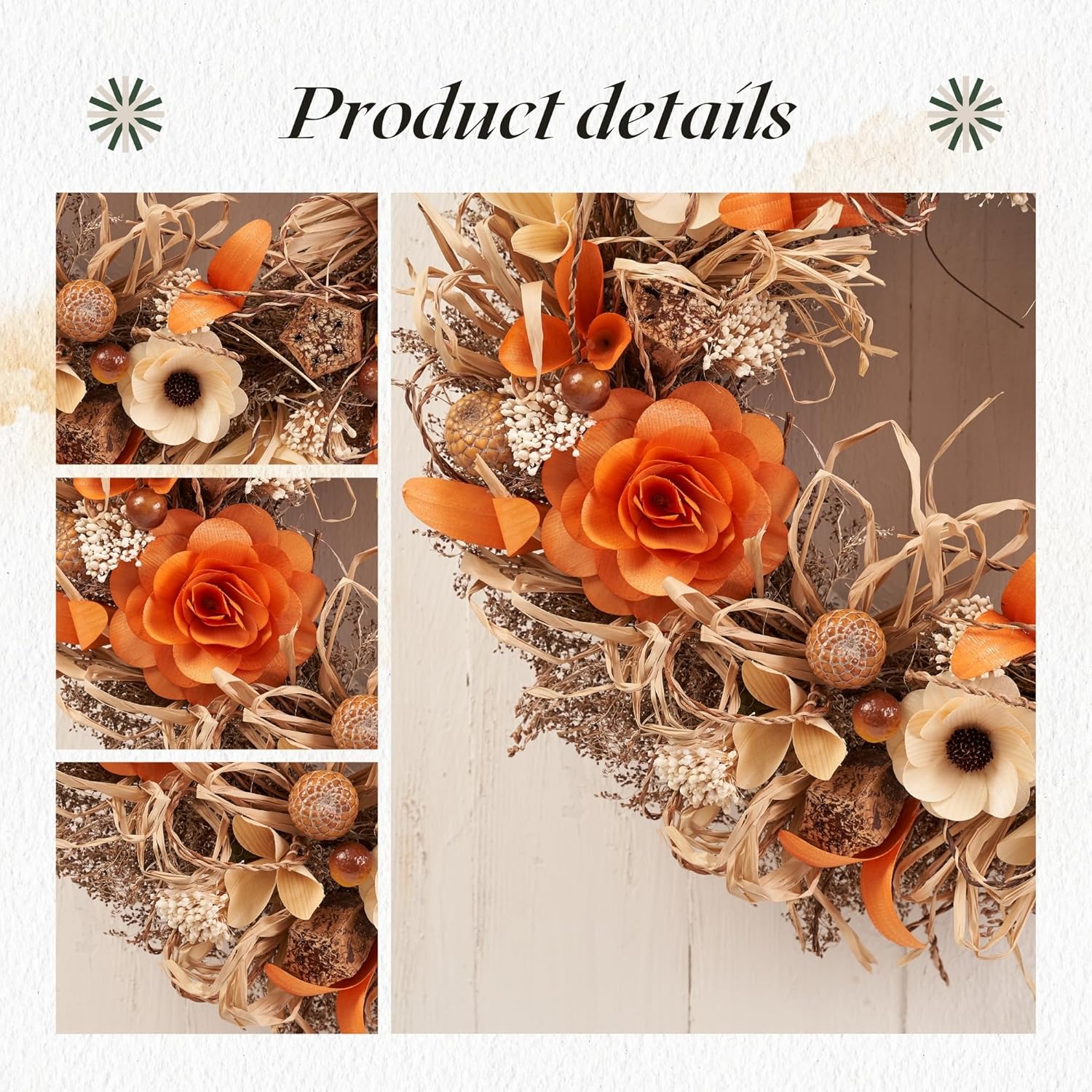 Corona floral de madera de cosecha de otoño de 22 pulgadas, coronas de otoño hechas a mano de primera calidad para puerta delantera, perfecta para