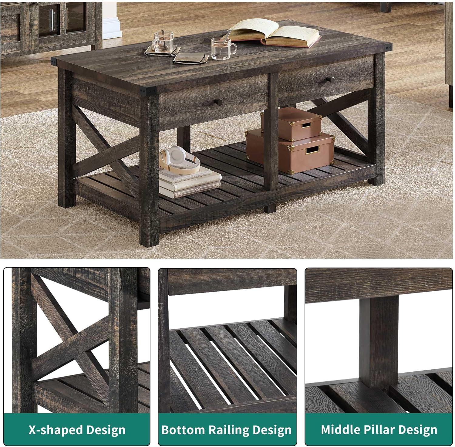 YITAHOME Mesas de centro para sala de estar, mesa de centro de granja con almacenamiento, mesa de cóctel rústica de madera con 2 gabinetes, mesa