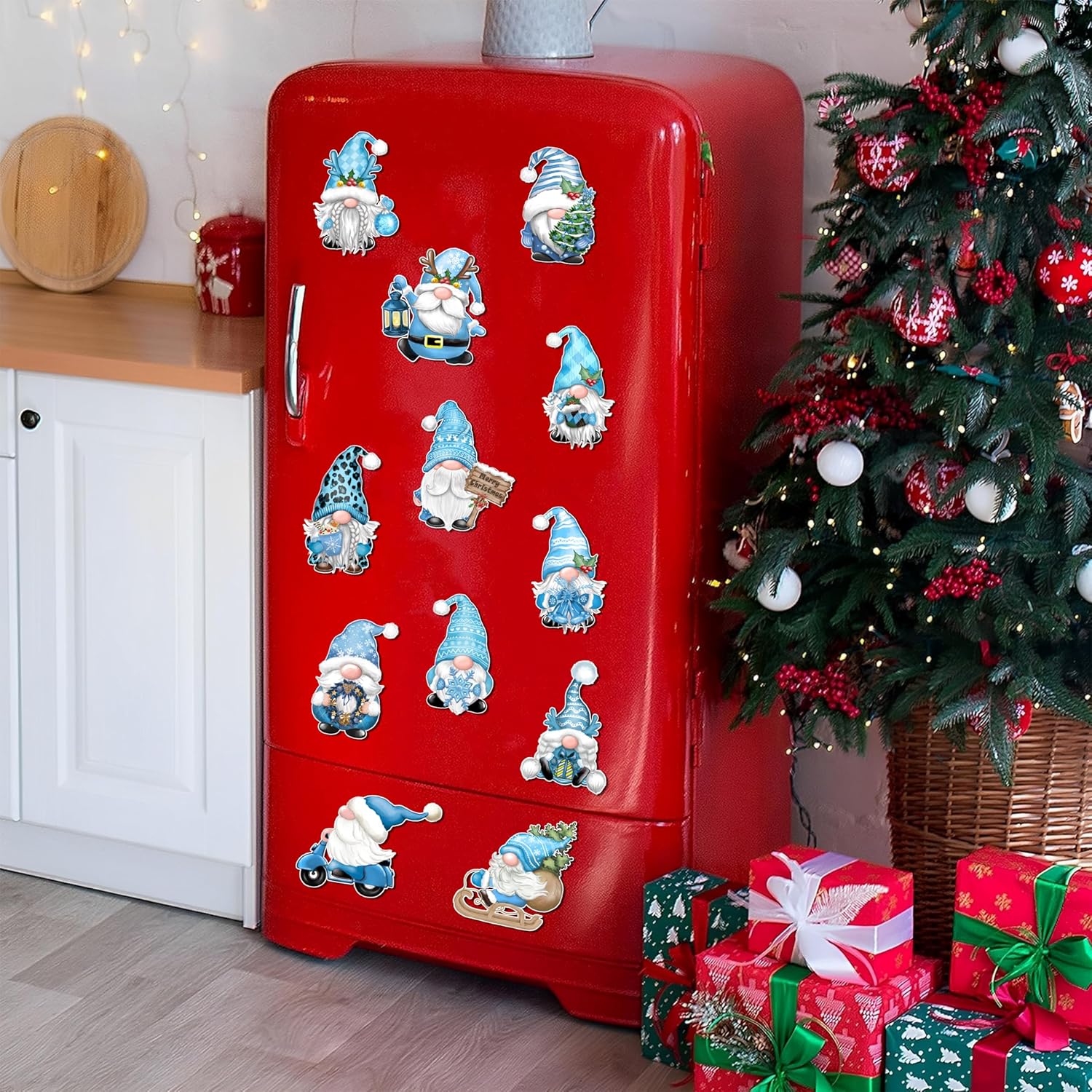 Imanes de gnomo de Navidad para decoración de refrigerador, 12 unidades, calcomanías magnéticas de gnomo azul navideño para automóvil, calcomanías
