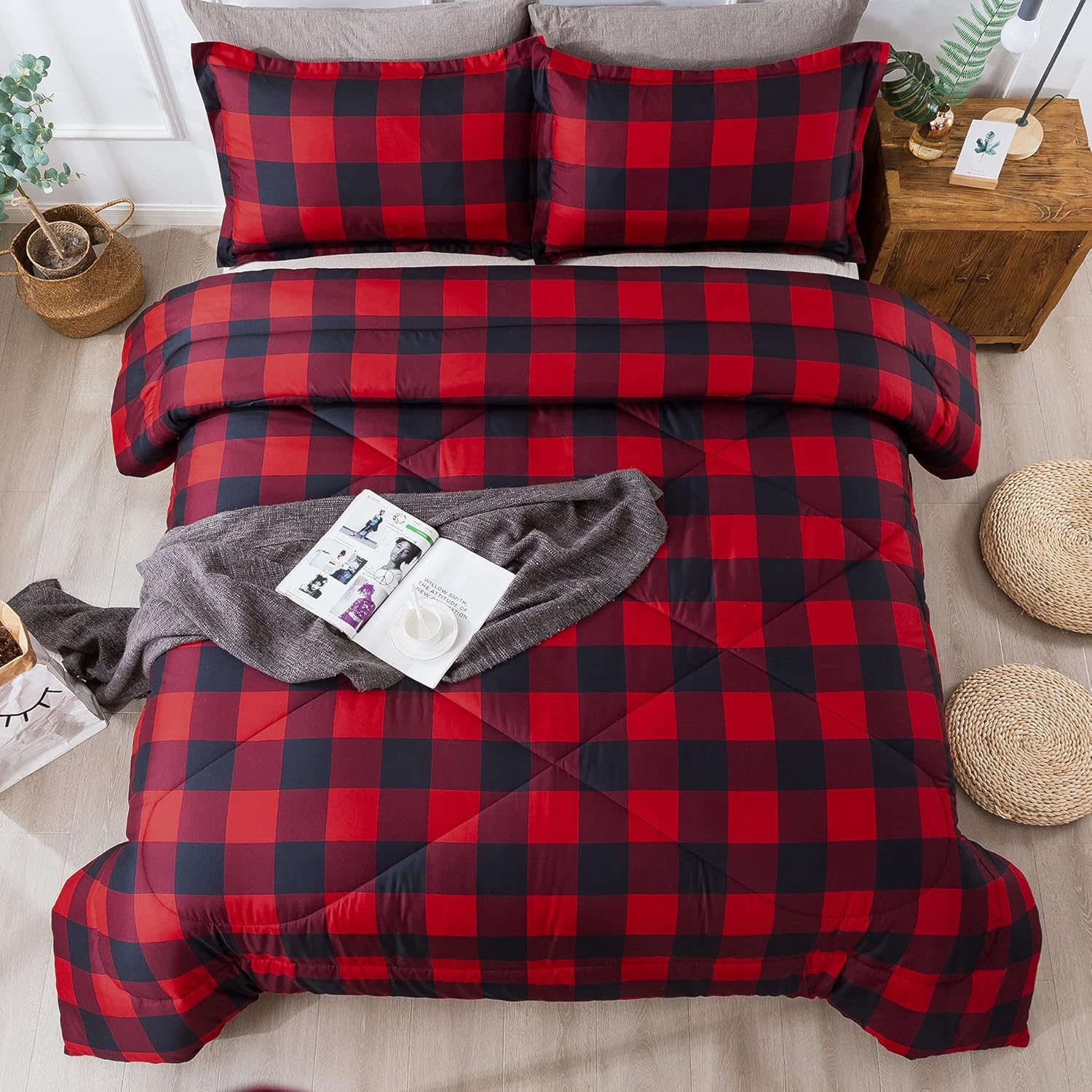 Andency – Edredón de cuadros rojos tamaño individual (66 x 90 pulgadas), 2 piezas (1 edredón a cuadros y 1 funda de almohada), juego de cama con
