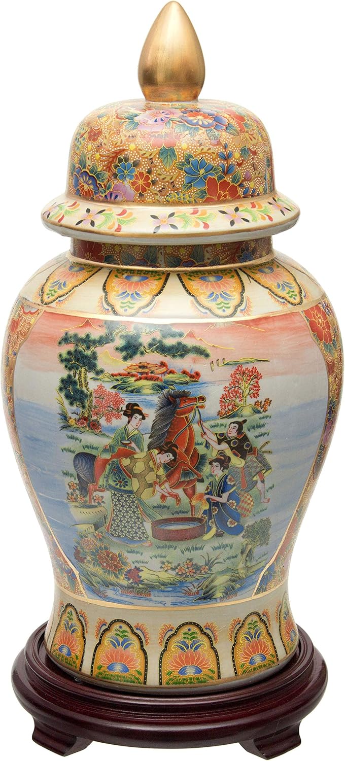 Red Lantern Tarro de templo de porcelana de caballo en prado de 18″