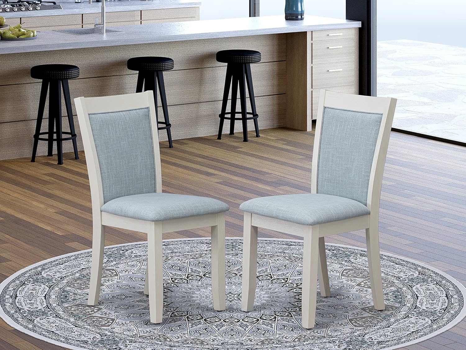 East West Furniture Monza Parsons – Juego de 2 sillas acolchadas de tela azul bebé, lino cepillado blanco