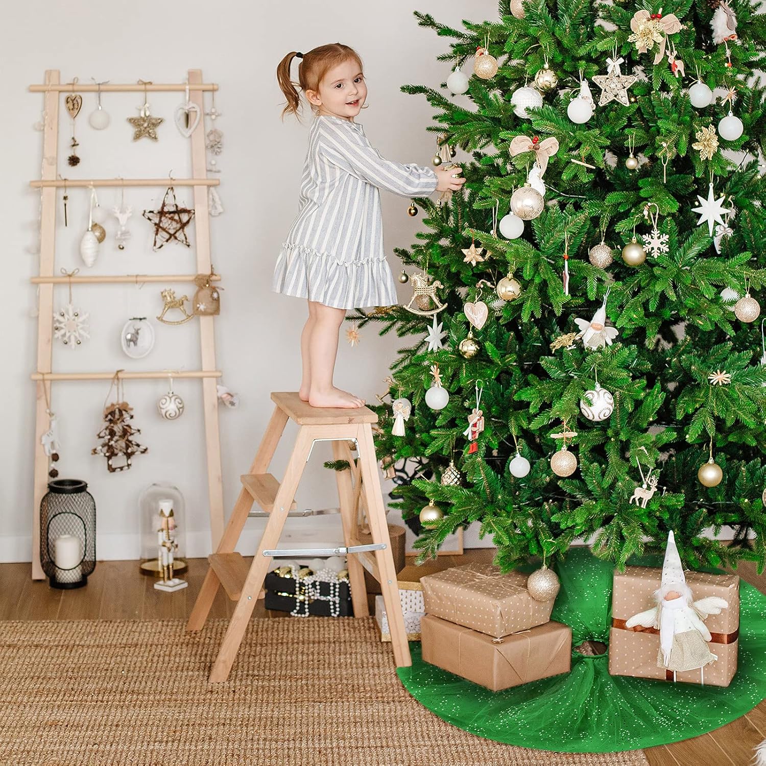 Falda de árbol de Navidad con volantes con brillantina, falda de tul para árbol de Navidad, lentejuelas de doble capa, alfombra redonda para