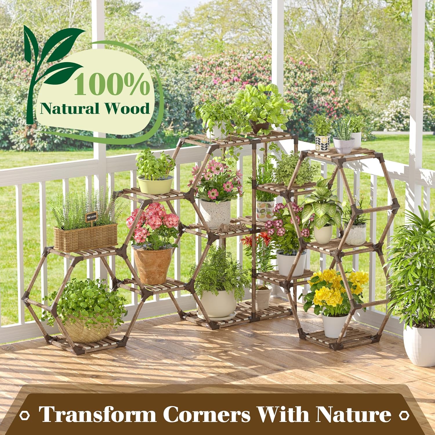 Allinside Soporte de esquina para plantas de interior, estante de esquina de 12 niveles para exteriores, soporte de madera para múltiples plantas,