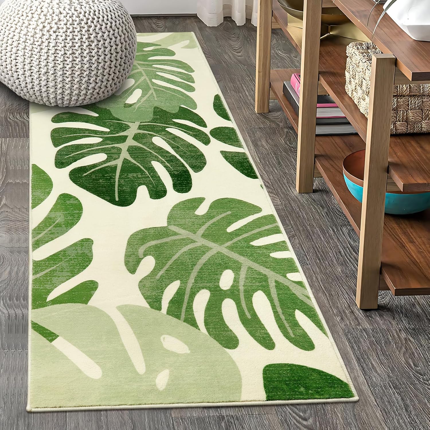 Lukinbox Alfombra de pasillo de hojas de 2 x 6 pies, color verde, lavable, extra larga, tropical, planta Monstera, antideslizante, alfombra