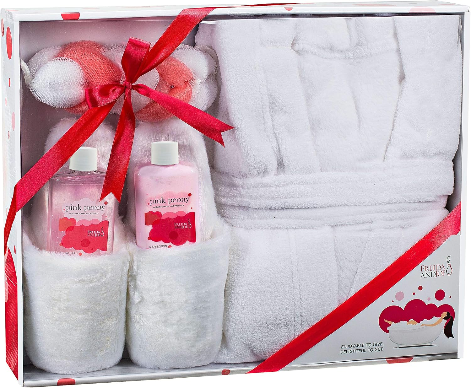 Cesta de regalo de spa en casa de lujo con aroma a peonía rosa, bata de baño ultrasuave y zapatilla de felpa para mujer, juego completo de baño y
